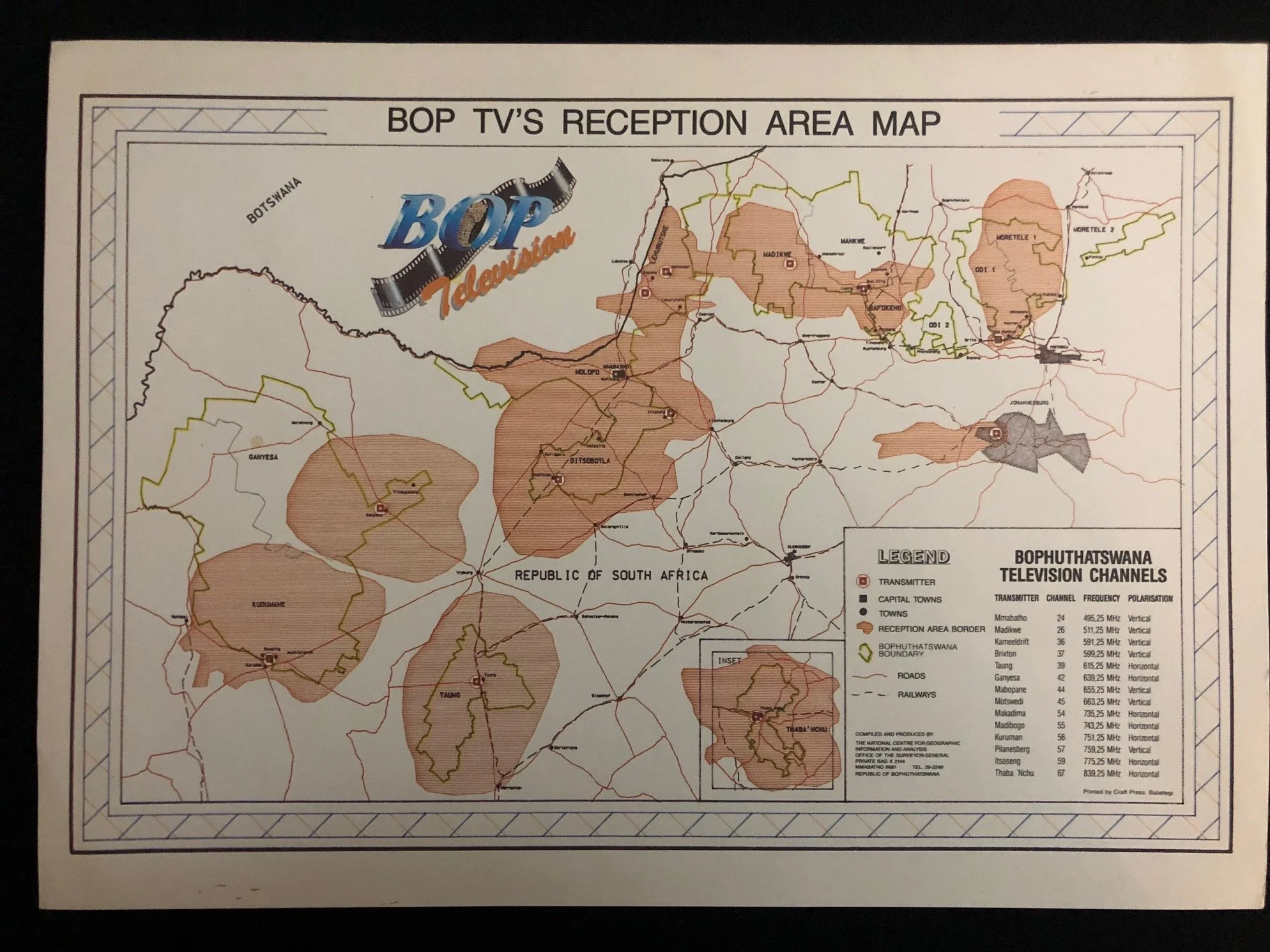 Map for Bophuthatswana Television (Bop TV) - apartheid South Africa (c.1986)