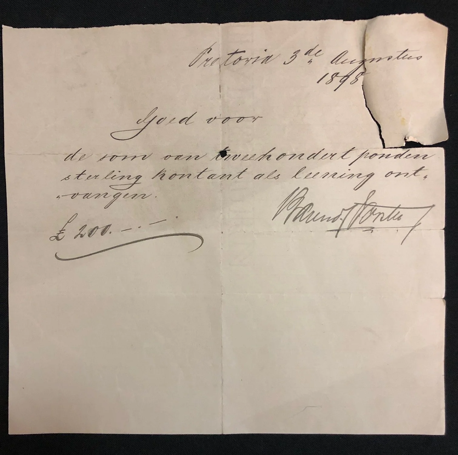 Promissory Note / Cheque ZAR £200 (1898)