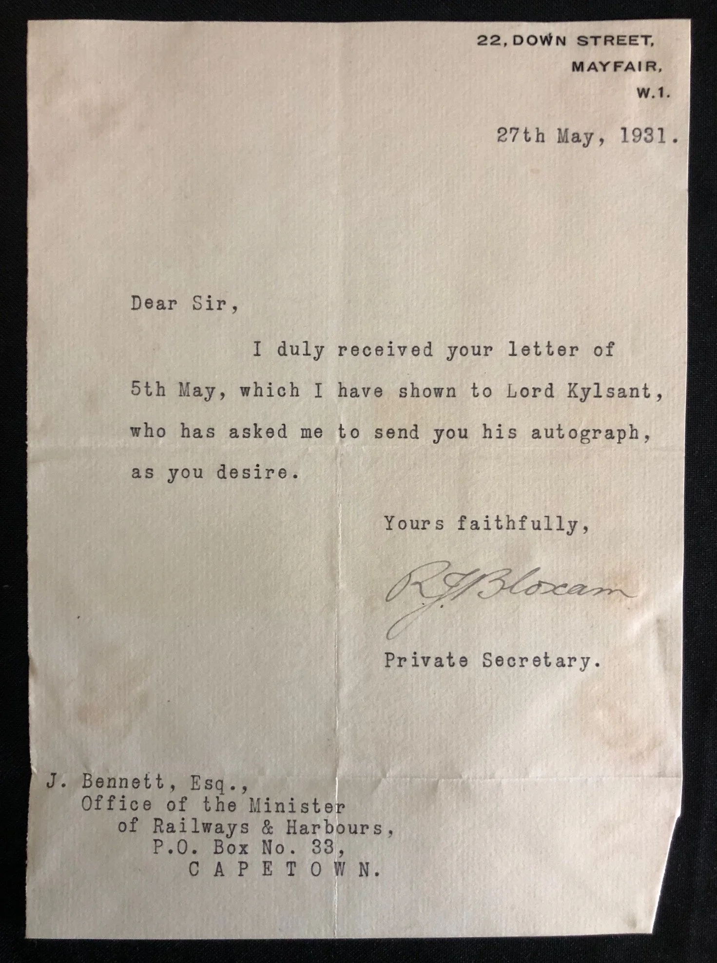 Autograph: Lord Kylsant, Head of the Royal Mail Steamship Company (1931)