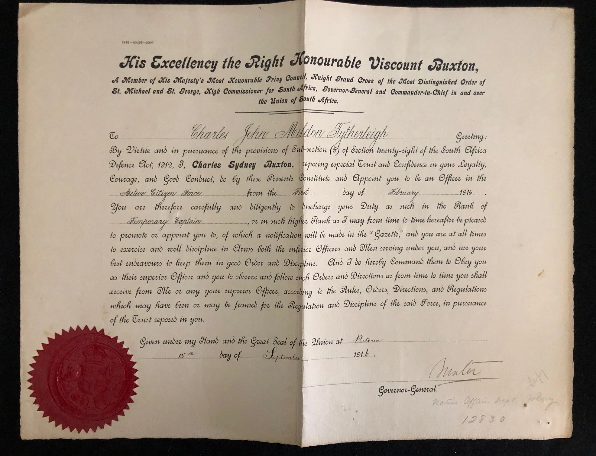 Official commission document appointing Tytherleigh as a Temporary Captain in the Active Citizen Force (1916)