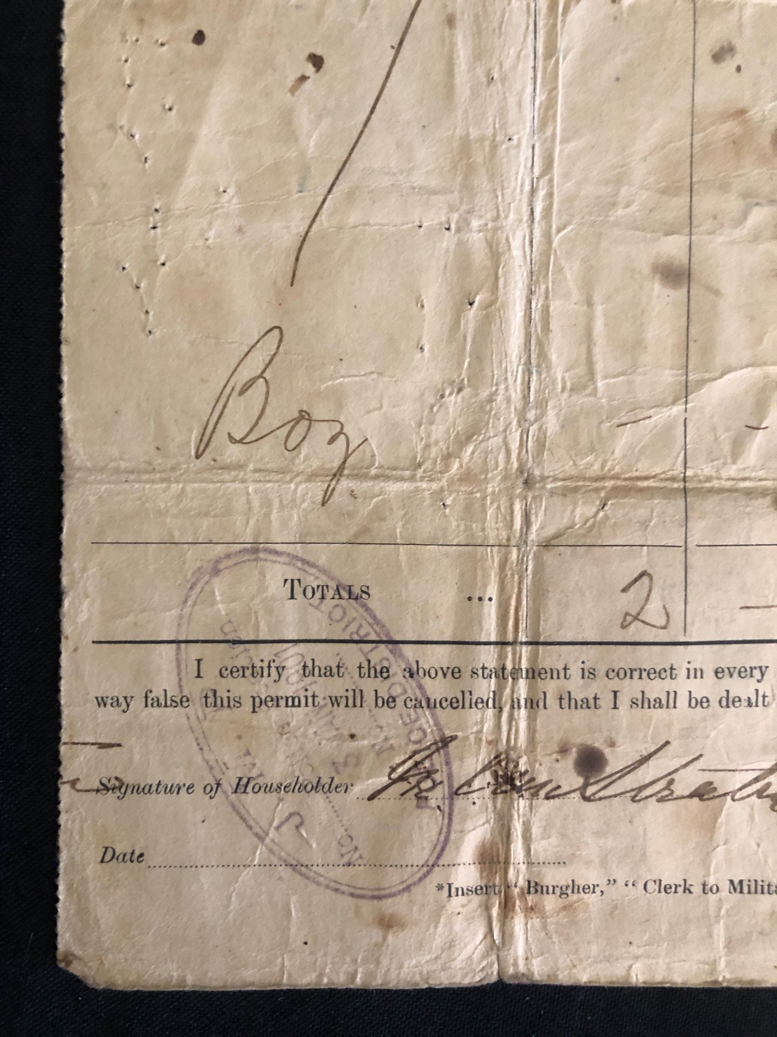 "Permit to Purchase Supplies". British Martial Law, Jan 1901.