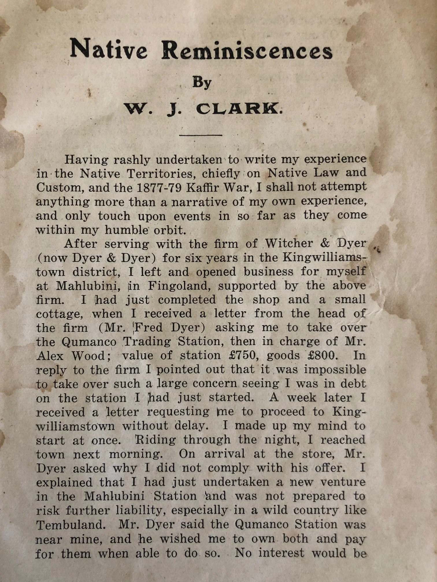 Native Reminiscences by W.J. Clarke. c. 1885