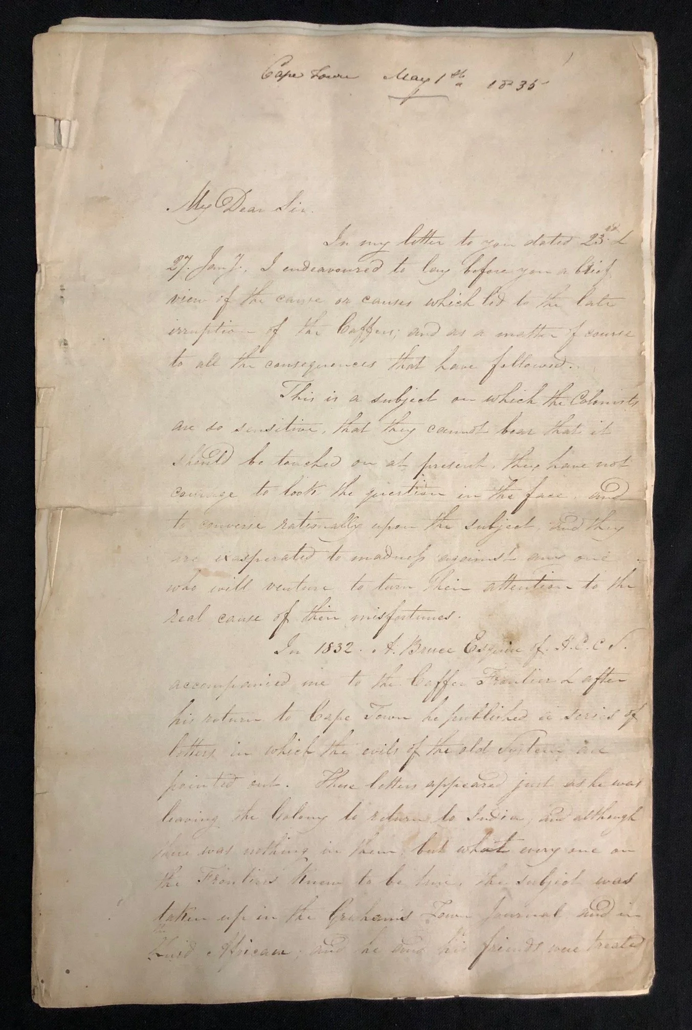 Manuscript letter from Missionary James Read to Abolitionist Dr. John Philip 1834