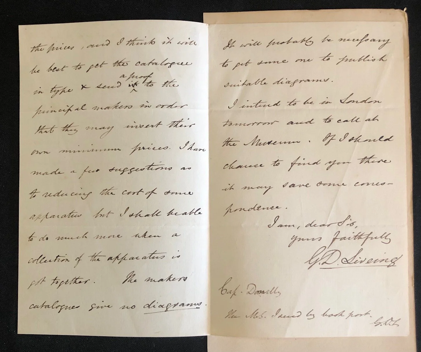 Letter from Scientist, George Downing Liveing to Capt. Donnelly of the Royal Engineers (1863)