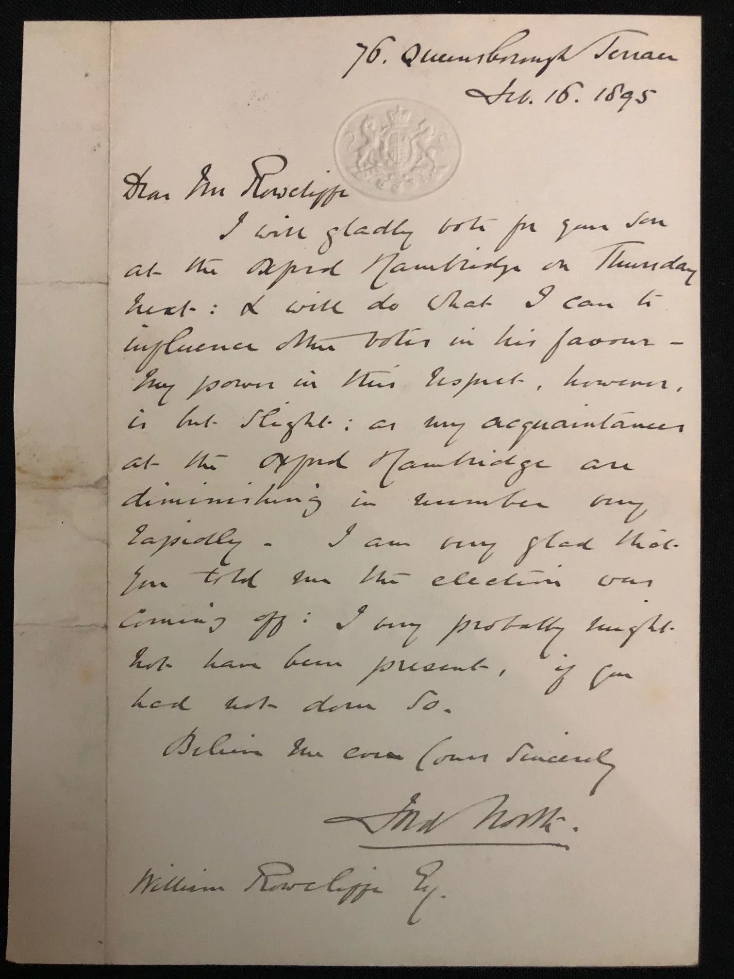 Letter from High Court Judge, Ford North - "Oxford & Cambridge Club" Election (1895)