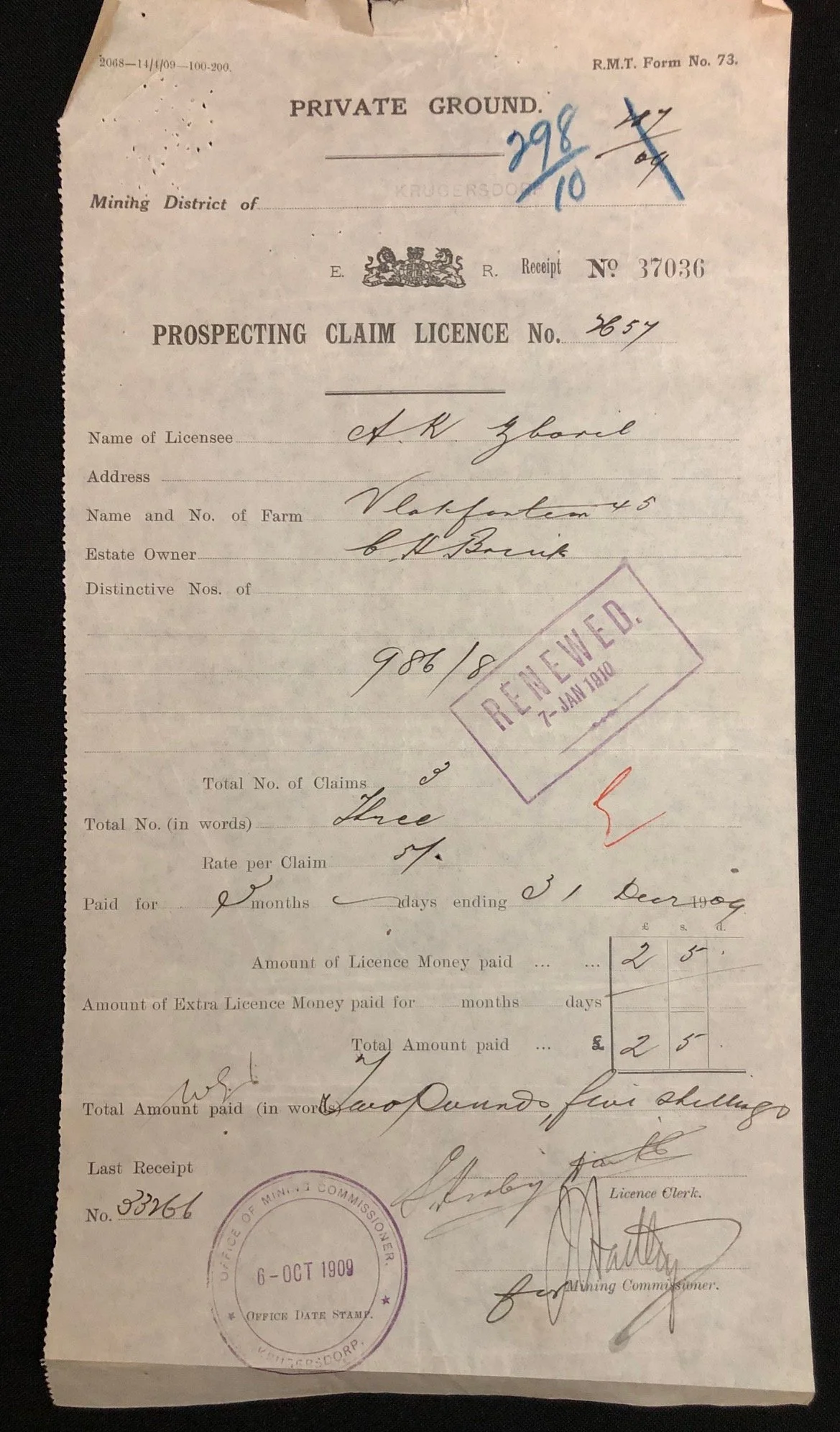 Prospecting Claim Licence issued in the Witwatersrand area 1910