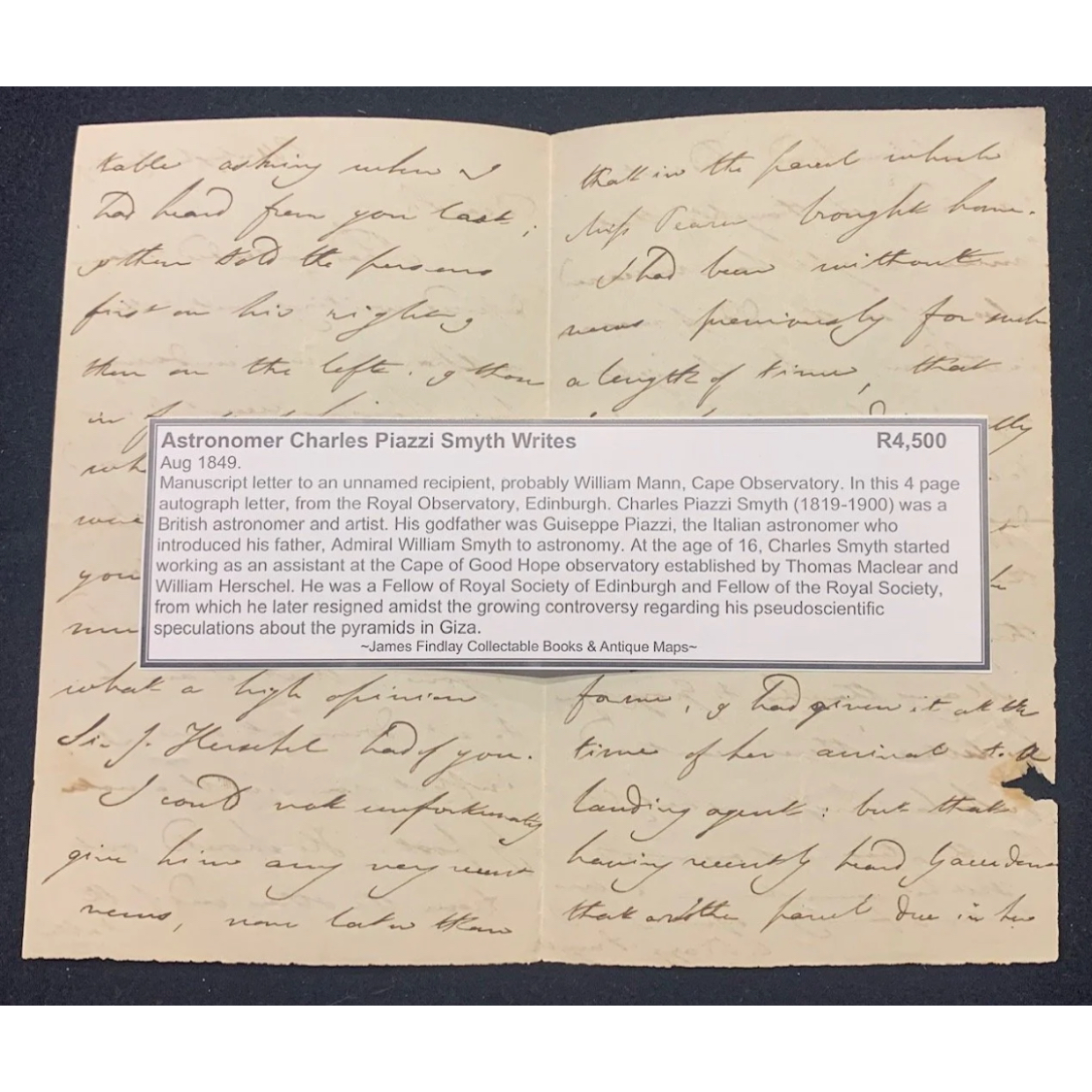 Letter from Astronomer Charles Piazzi Smyth (1849) R4,500