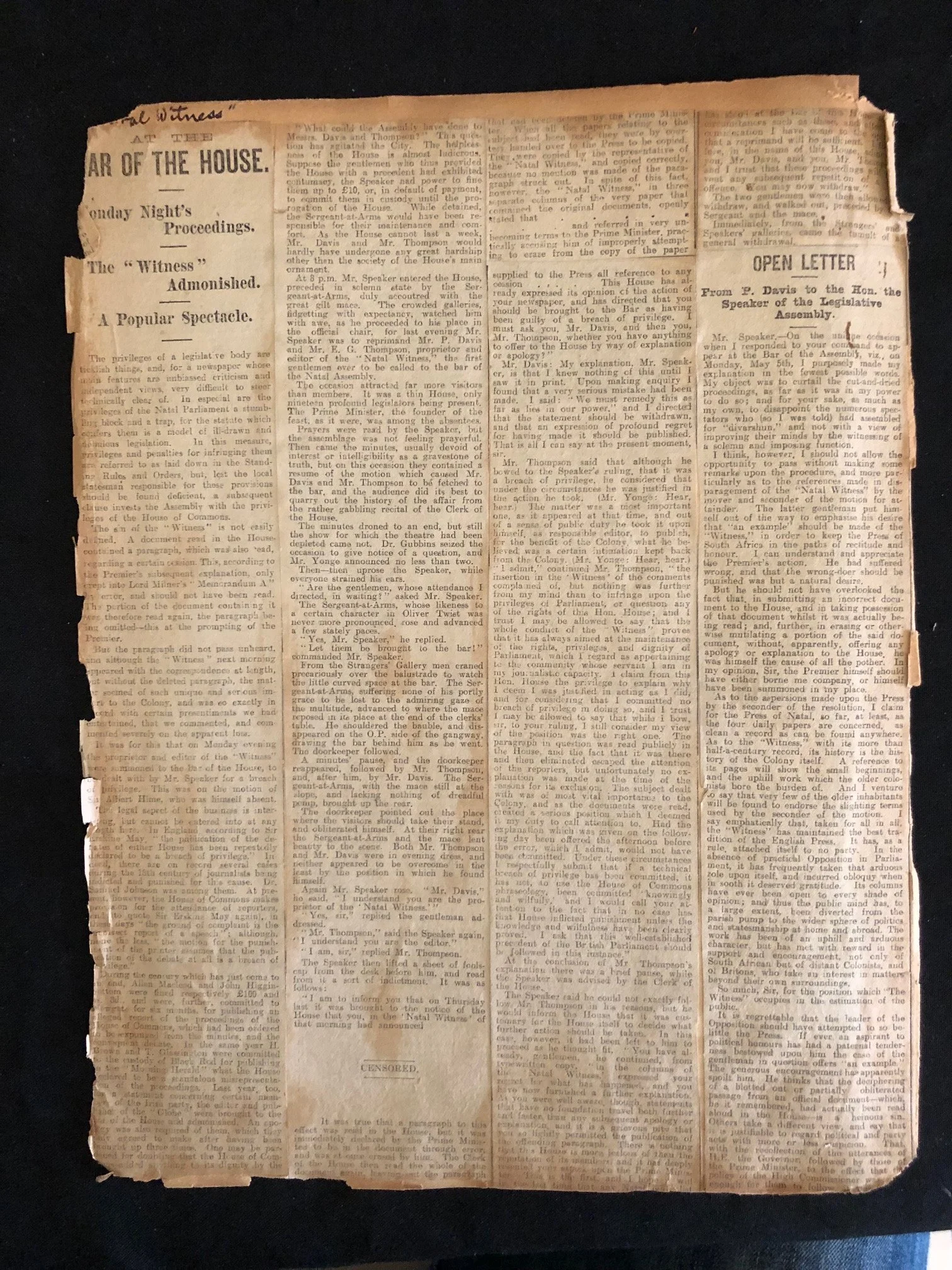 A Breach of Parliamentary Privilege ref: Treaty of Vereeniging 
31 May 1902