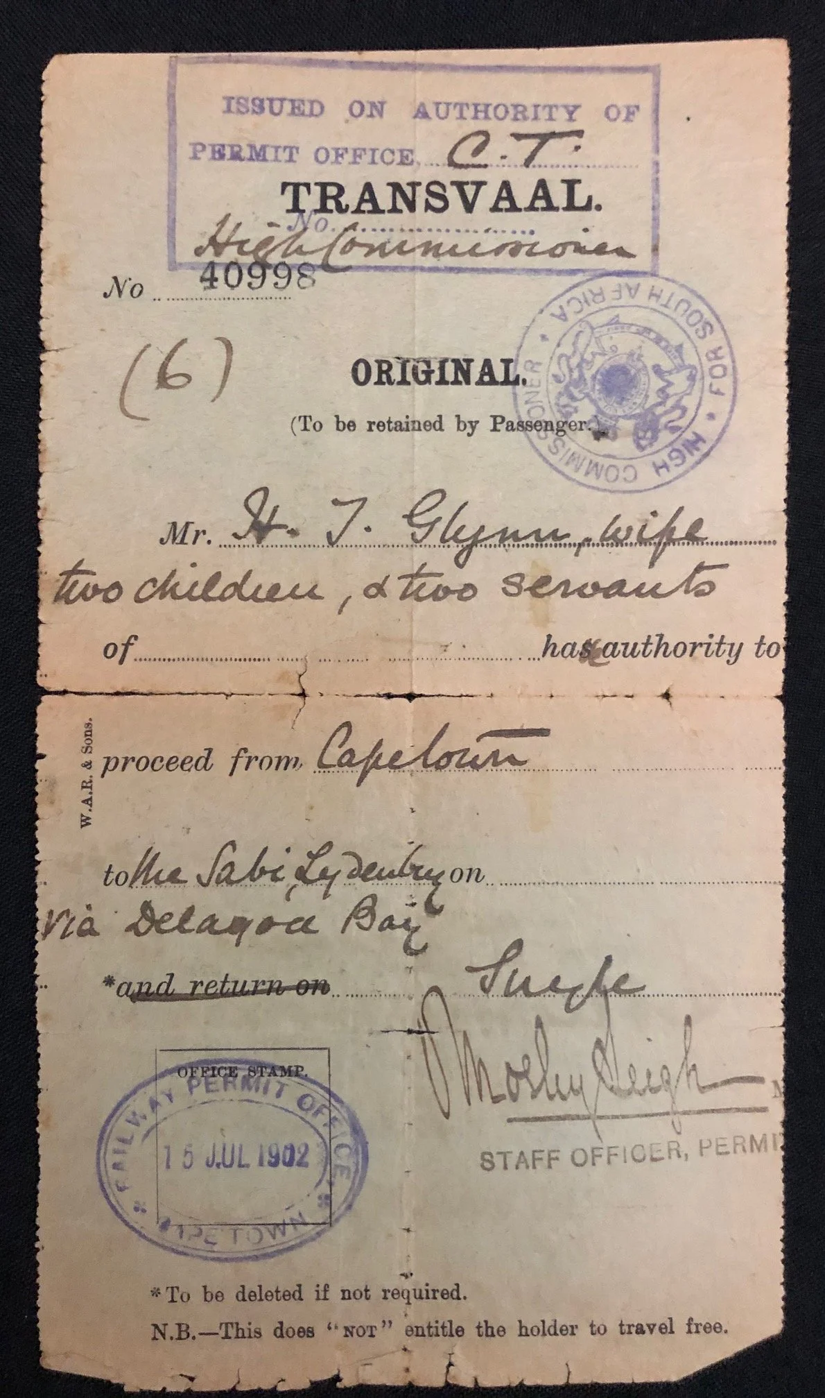 Travel permit issued to Mr. H. T. Glynn, Eastern Transvaal (1902)