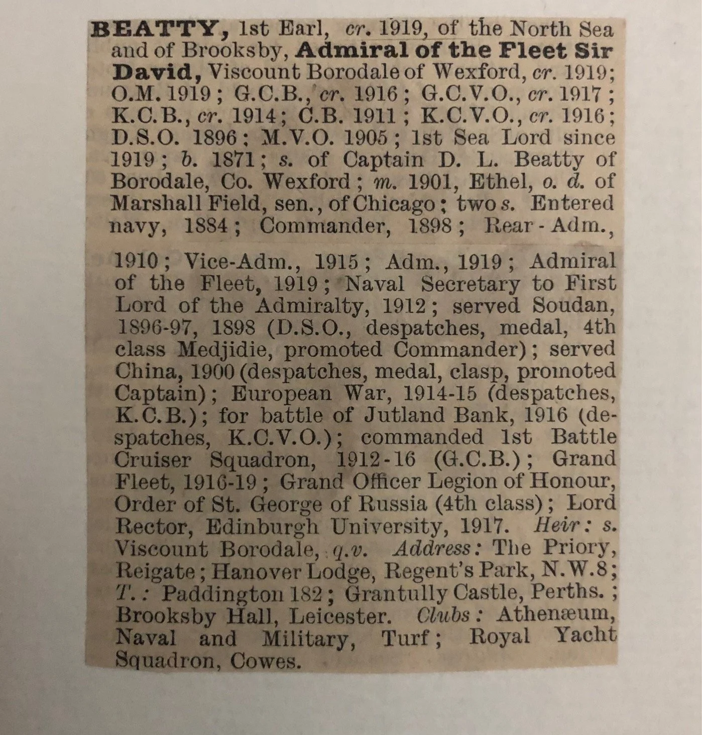 Autograph of Admiral of the Fleet David Beatty, 1st Earl Beatty (c.1920’s)
