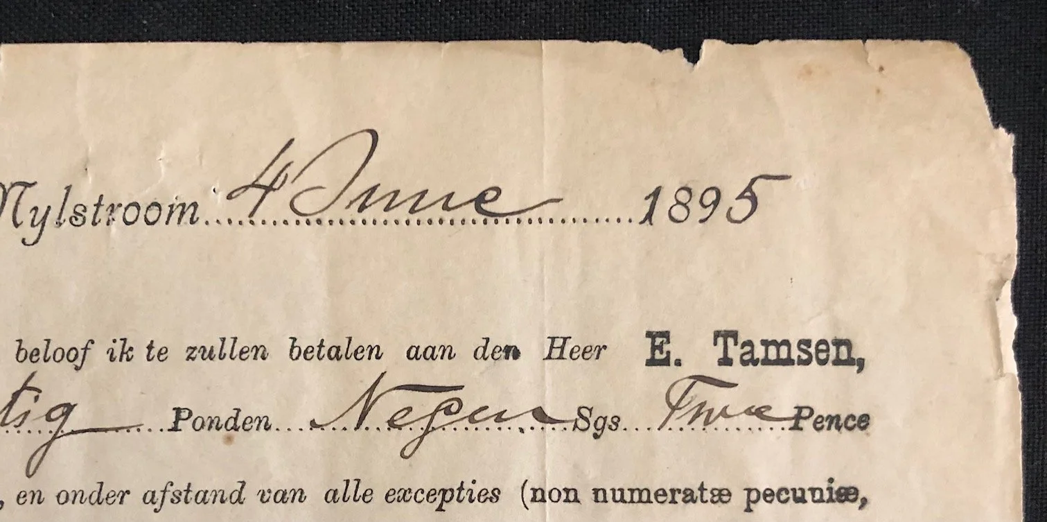 Promissory Note made out to Emil Tamsen, the "Father of Transvaal Philately" (1895)