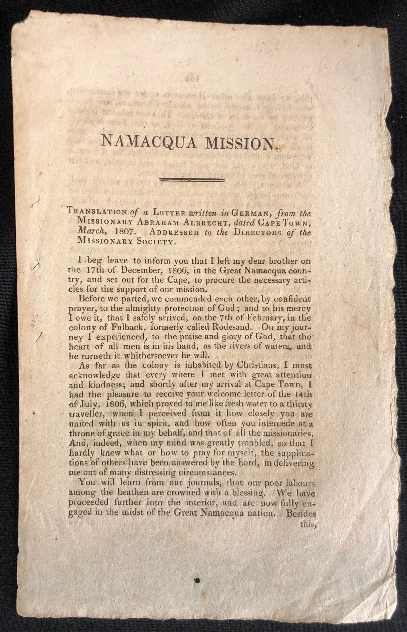 Namacqua Mission 1807 by German Missionary Abraham Albrecht