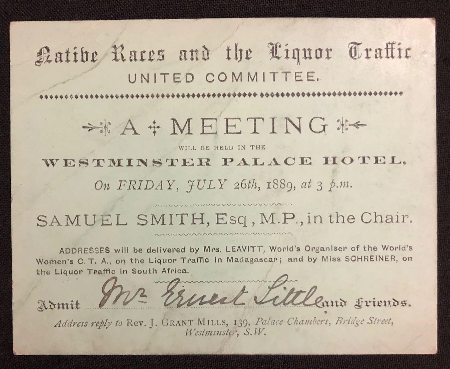 Admission card for a meeting addressed by Olive Shreiner