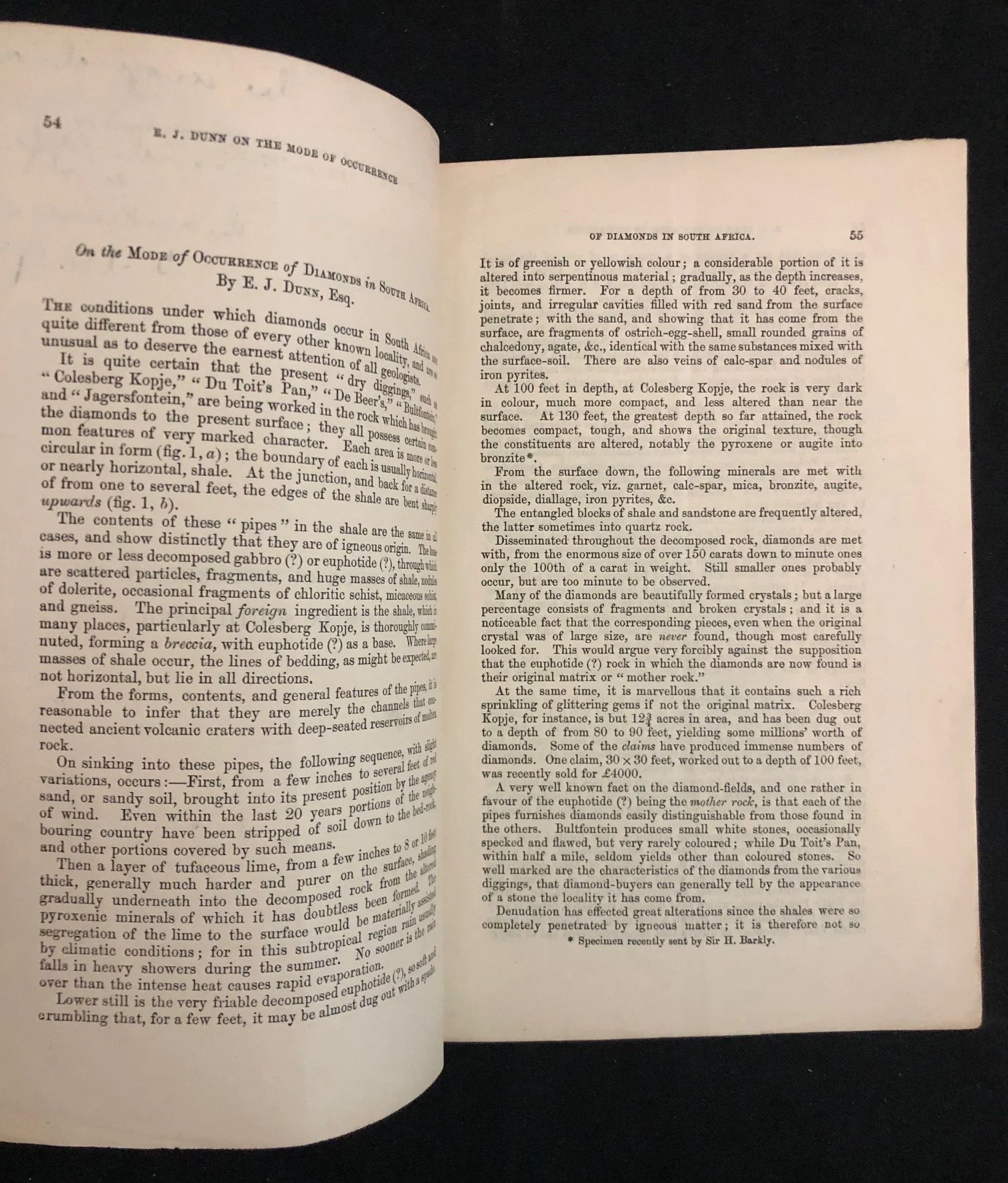 Edward John Dunn’s paper, On the Mode of Occurrence of Diamonds in South Africa, Inscribed (1874)
