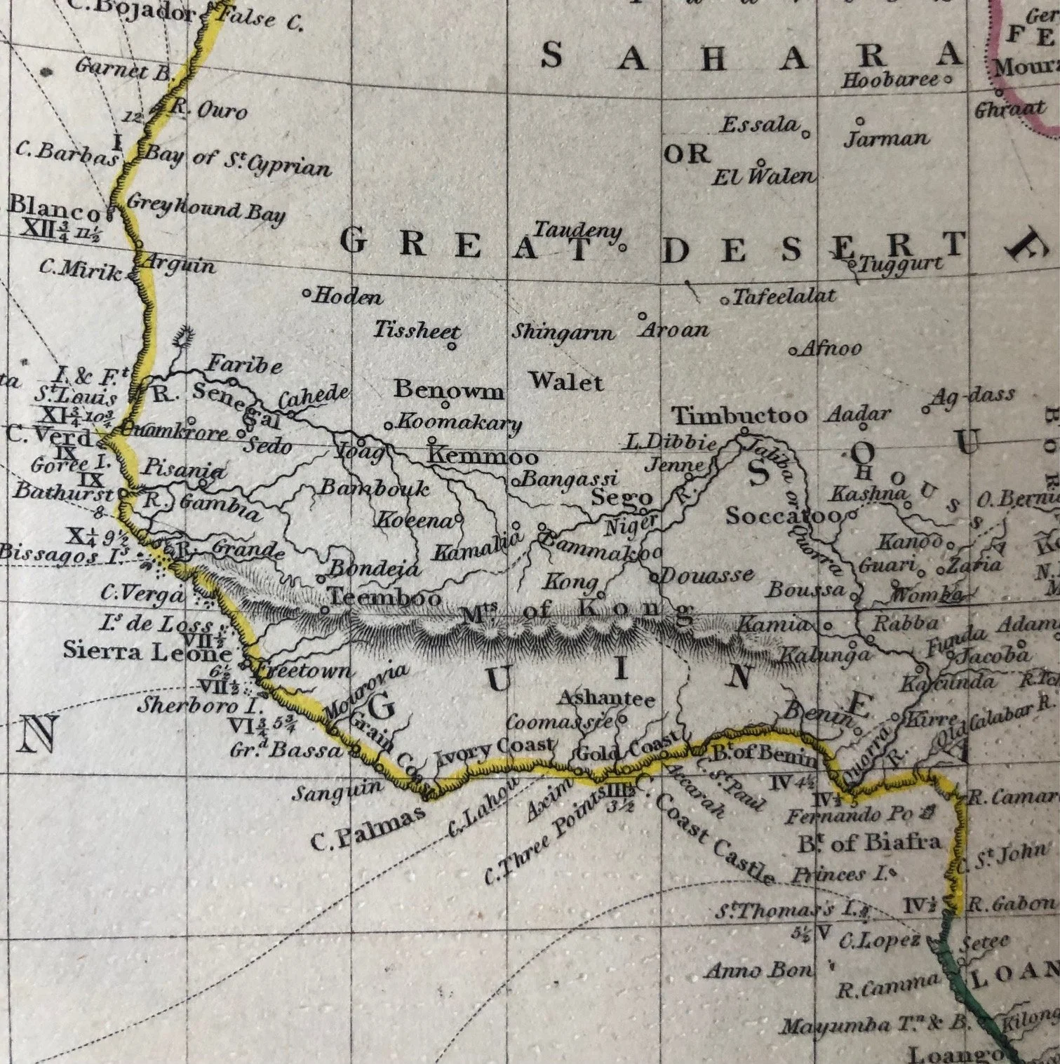 Original antique map c.1831 showing The Great Cartographic Ghost: The Kong Mountains