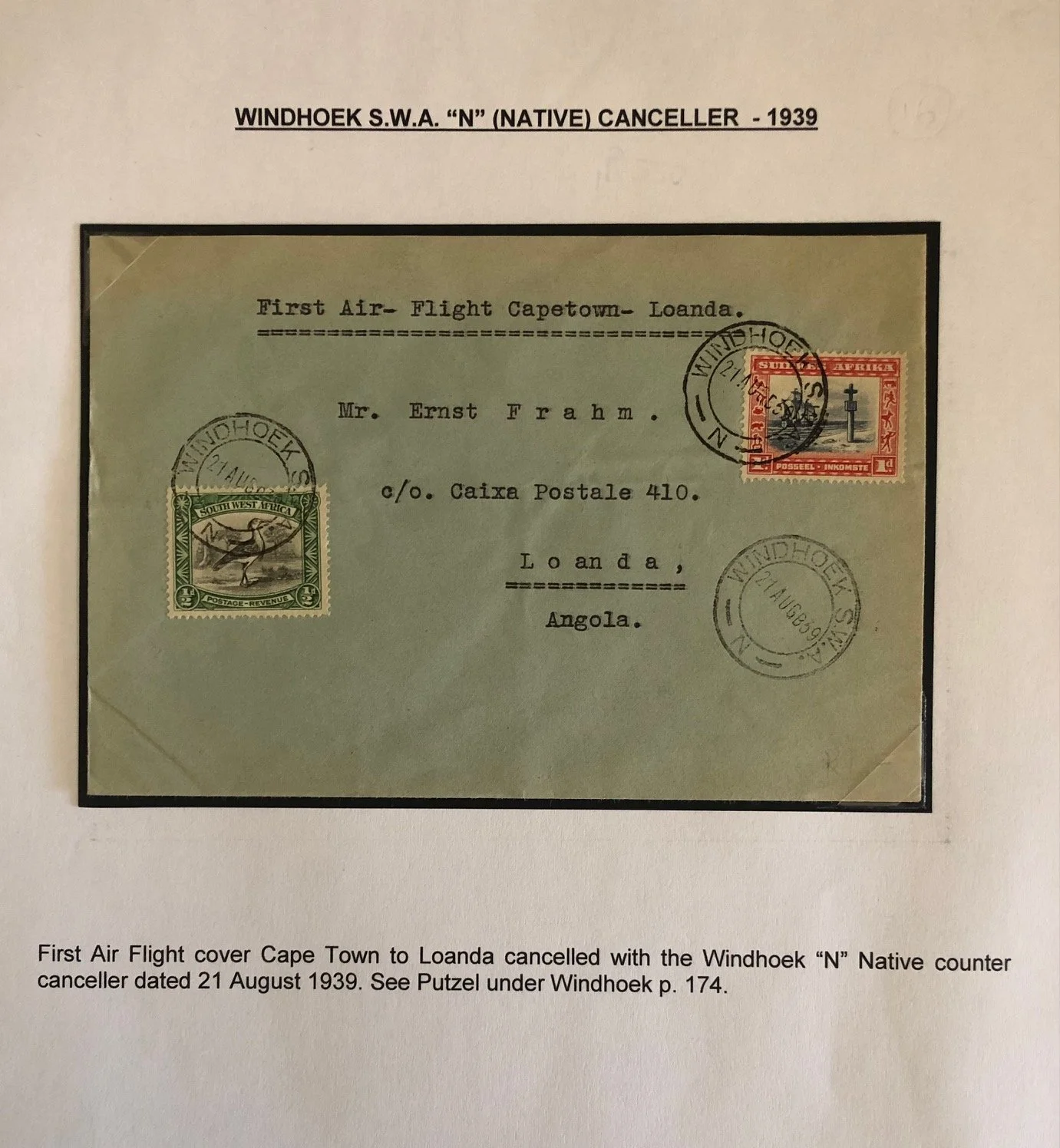 Cape Town- Luana. First Day Airmail Cover with Native counter canceller (1939)