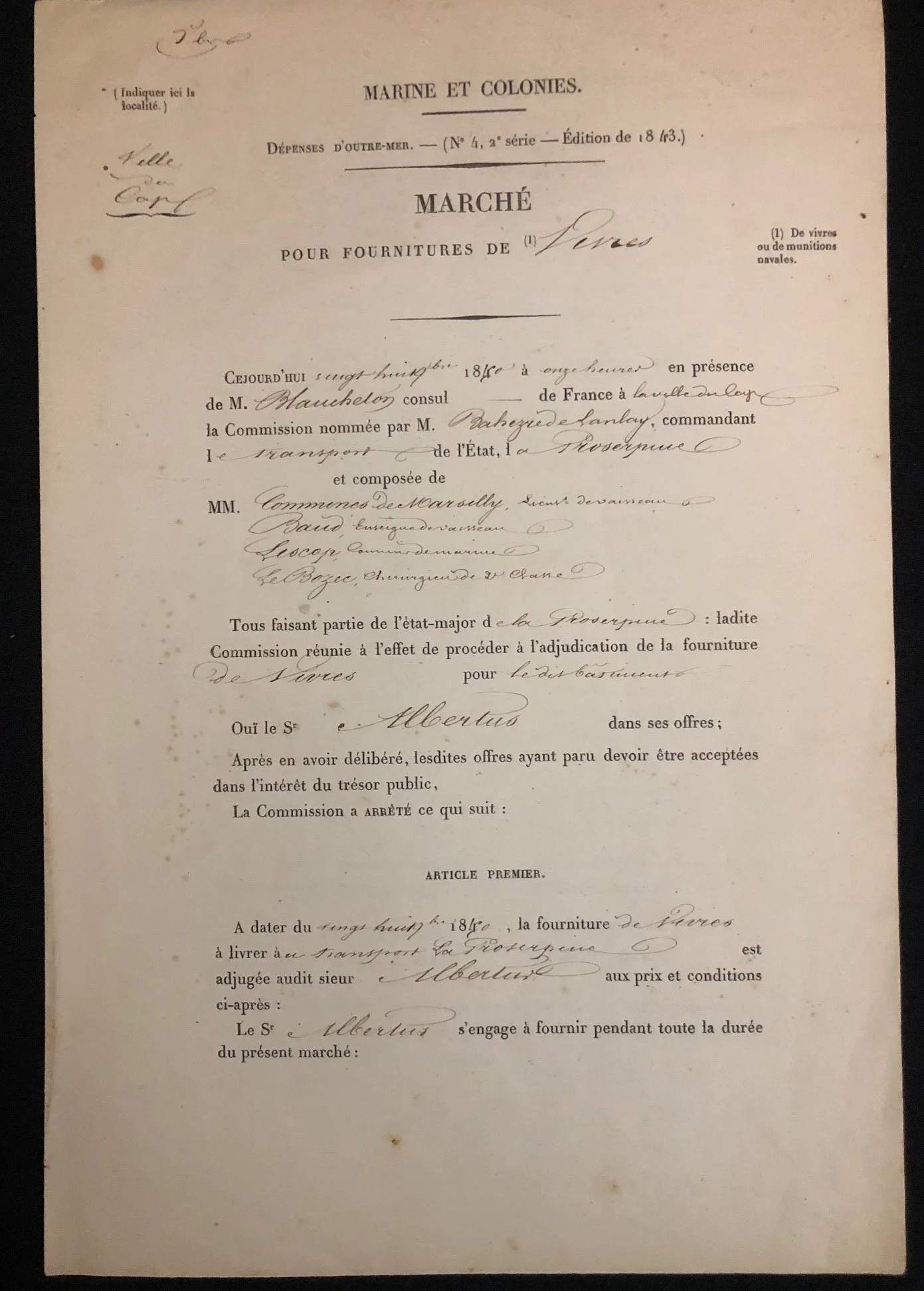 French Maritime Rewittling Contract - Cape Town (1850)