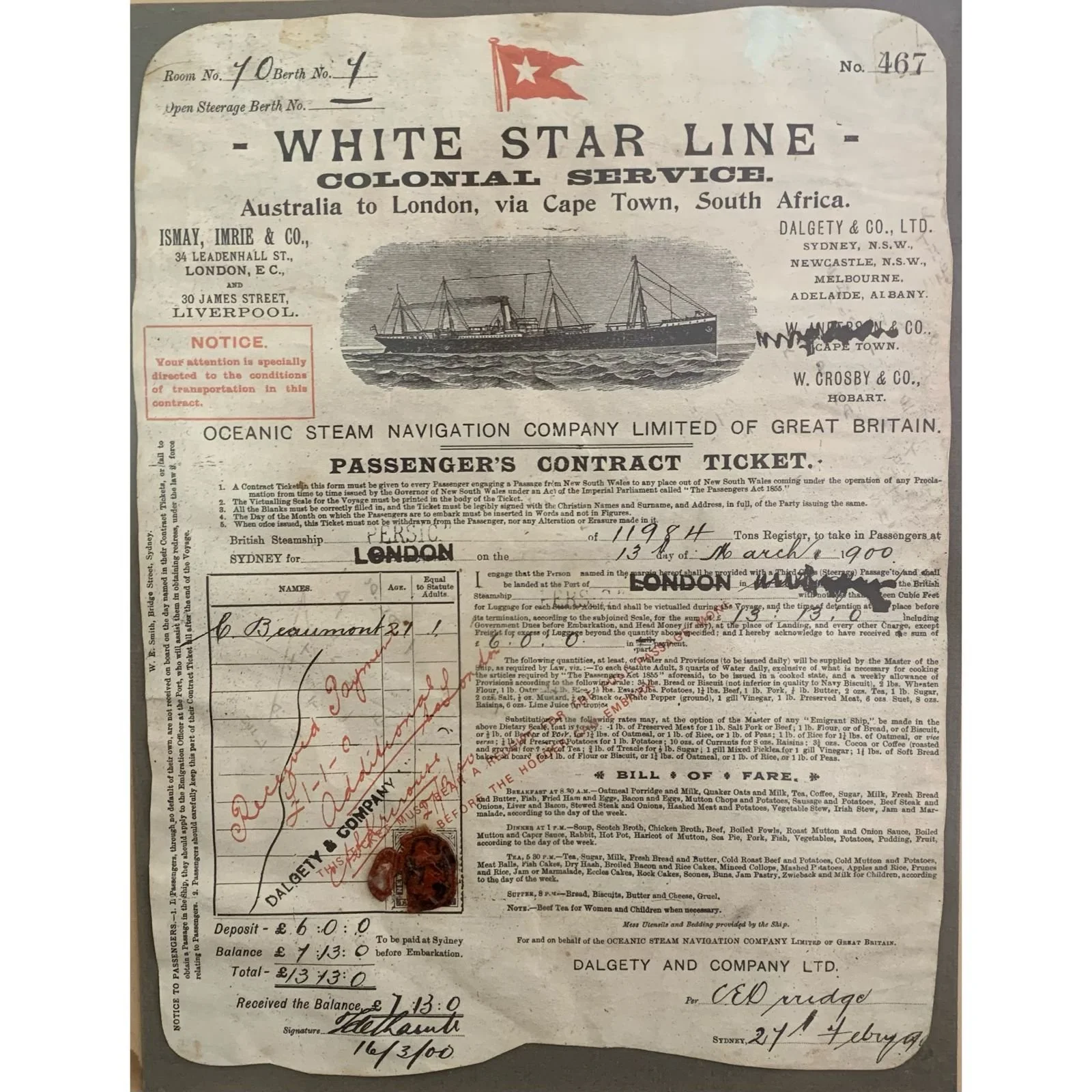 SS Persic White Star Line Passengers Contract Ticket (1900) R750