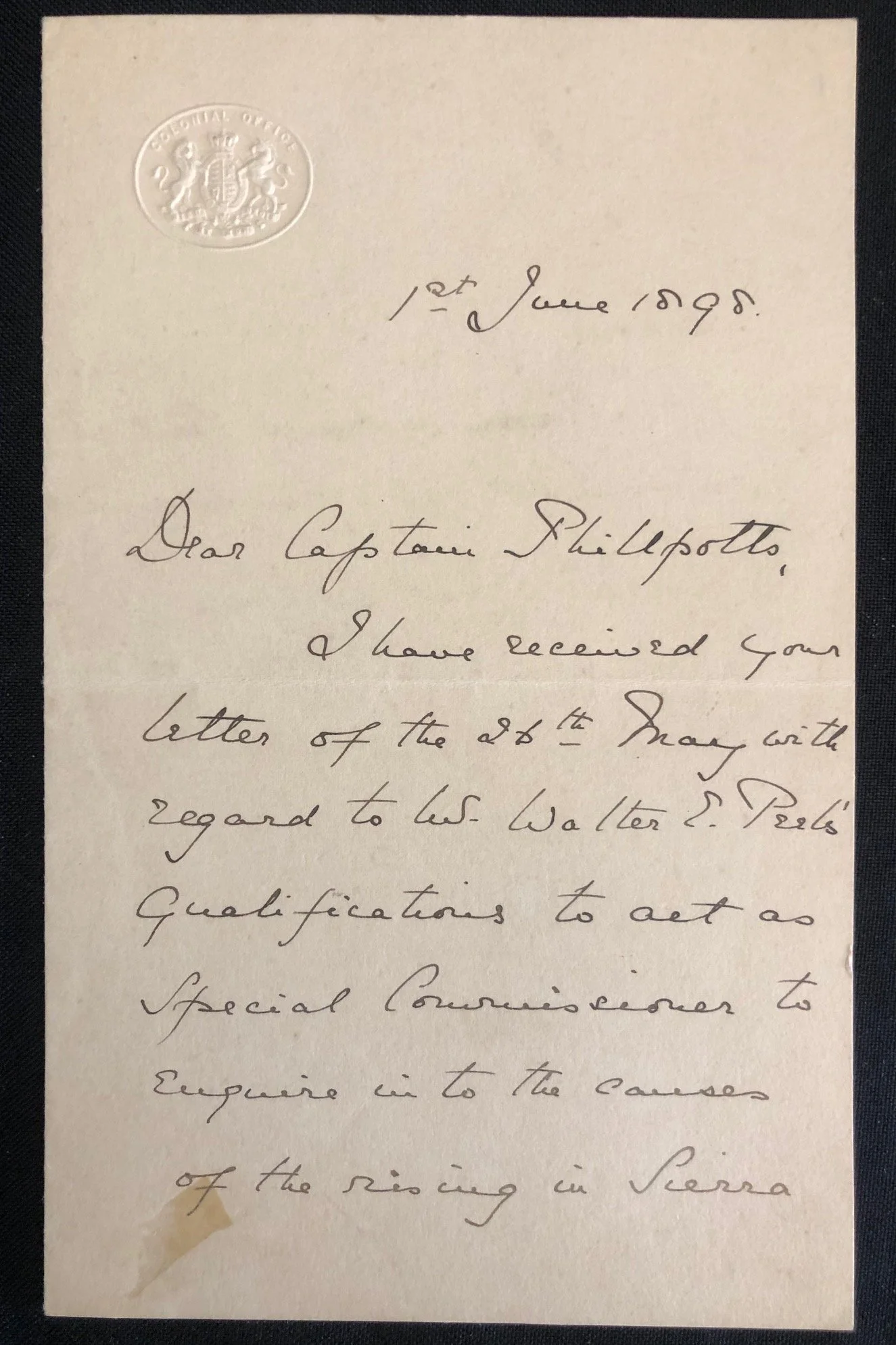 Joseph Chamberlain to "Captain Phillpotts" West Africa (1898)