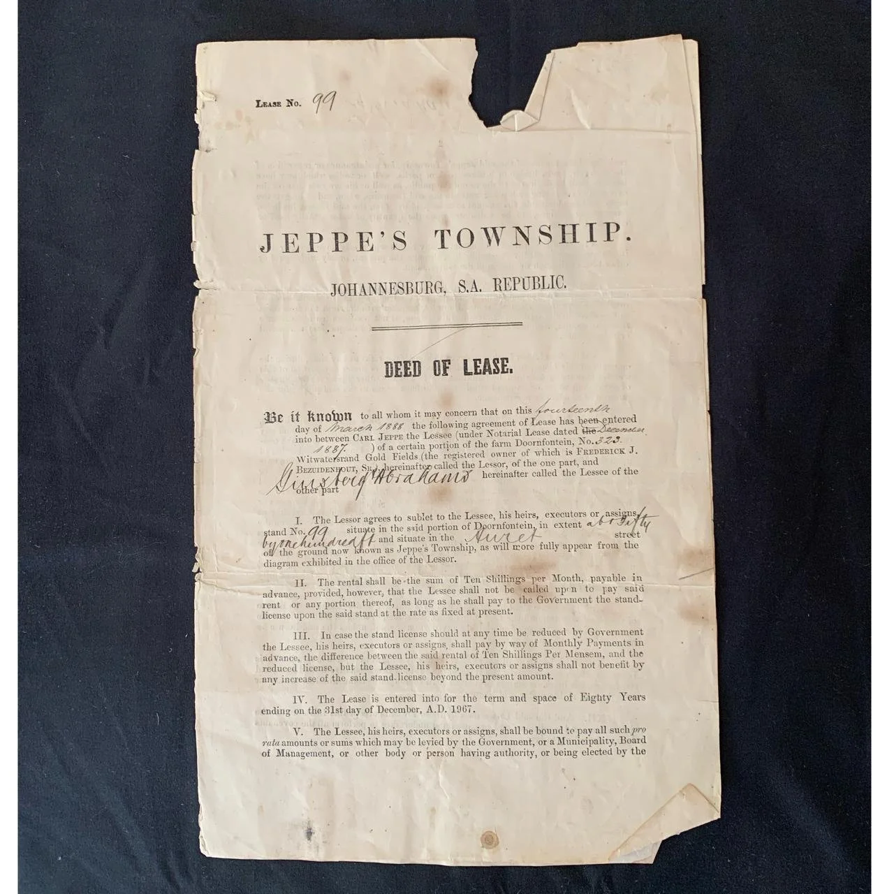 Jeppe's Township Deed of Lease 1888 R1,500