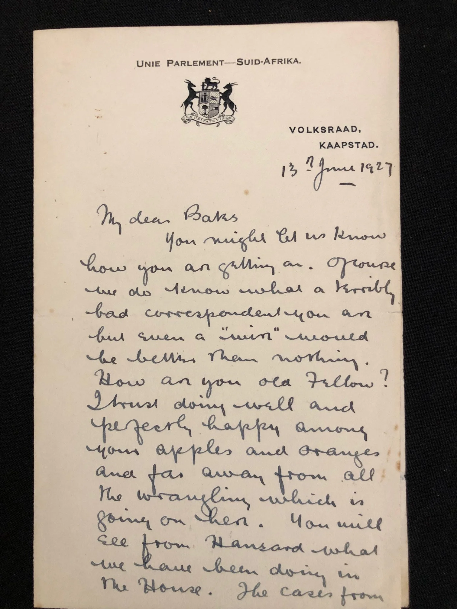 Letter by Brand van Zyl, Member of Parliament for the South African Party (SAP). Ref: The Explosive "Flag Bill" Crisis of 1927