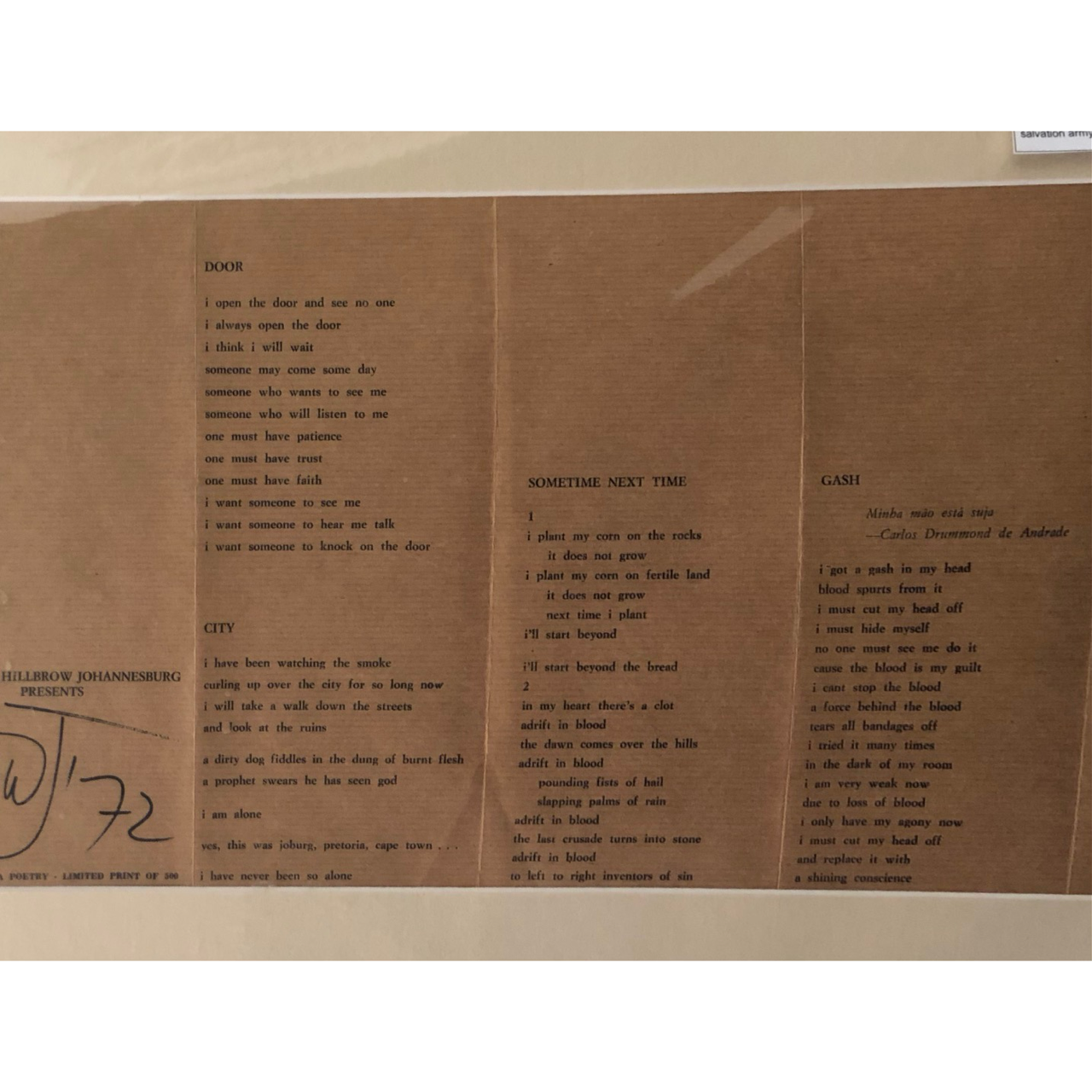 Poetry Exhibition Pamphlet, Hillbrow Johannesburg. Signed by Wopko Jensma (1972) R2,500