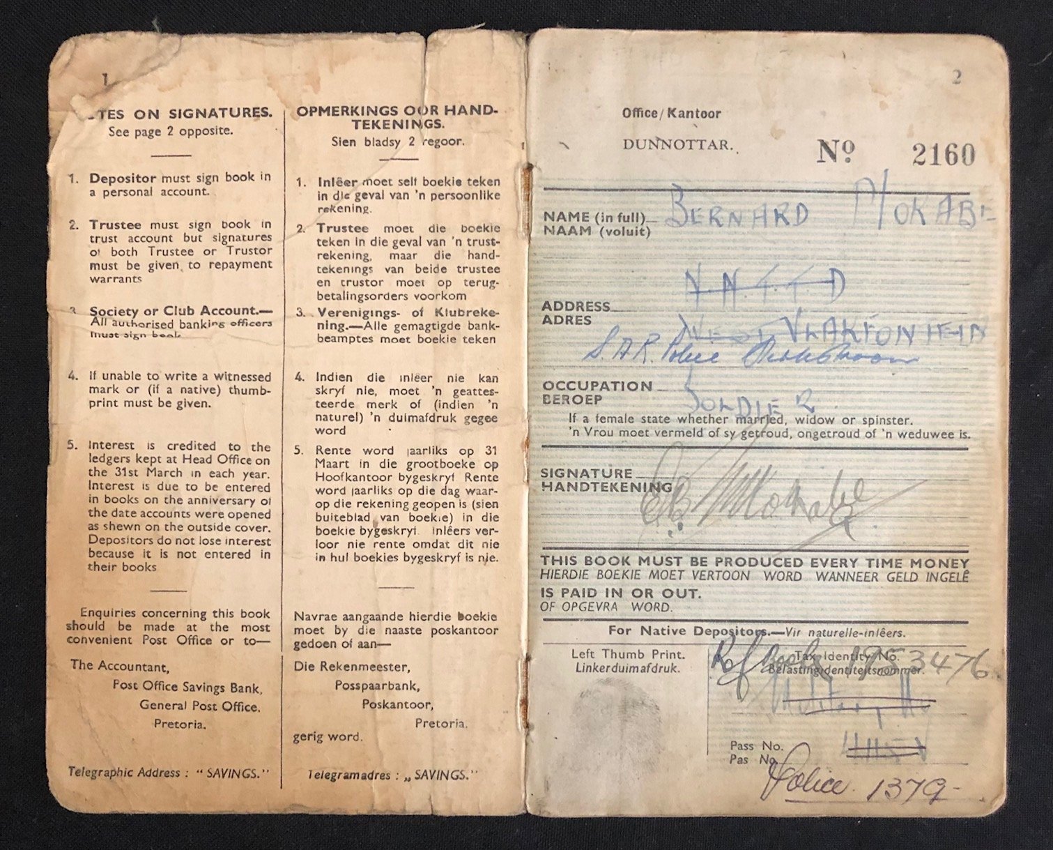 Post Office Savings Book - “Native” Bernard Mokabe - member of the Native Military Corps (NMC) 1946