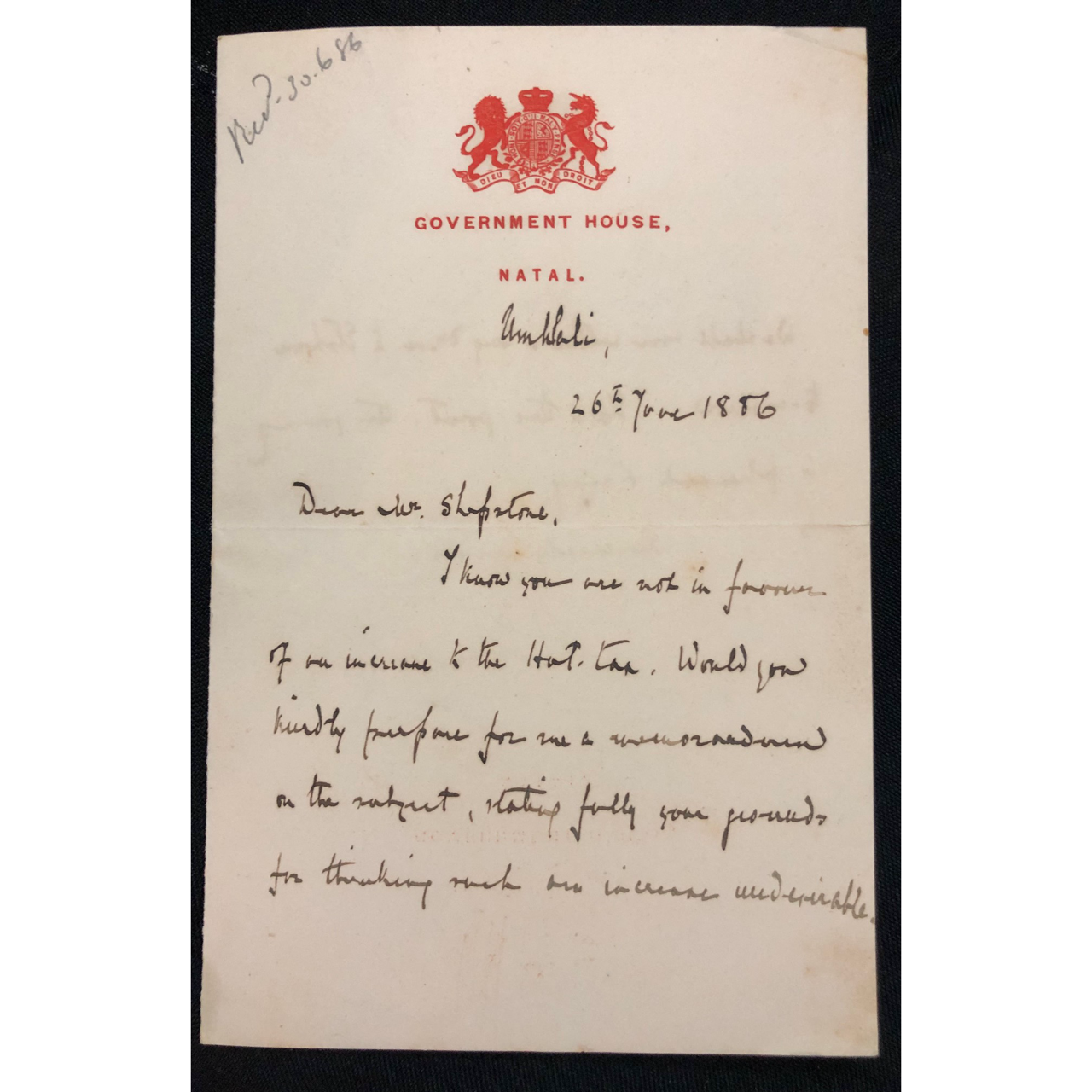 Letter RE Hut Tax (Havelock to Shepstone 1886) R8,000