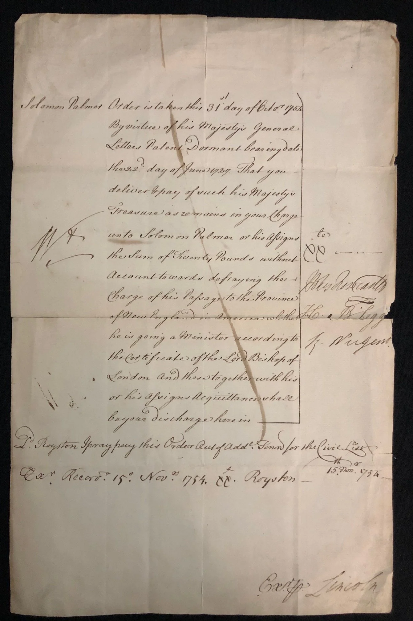 "King’s Bounty," a standard grant of £20 given to Solomon Palmer, an Anglican clergyman traveling to the Americas in 1754