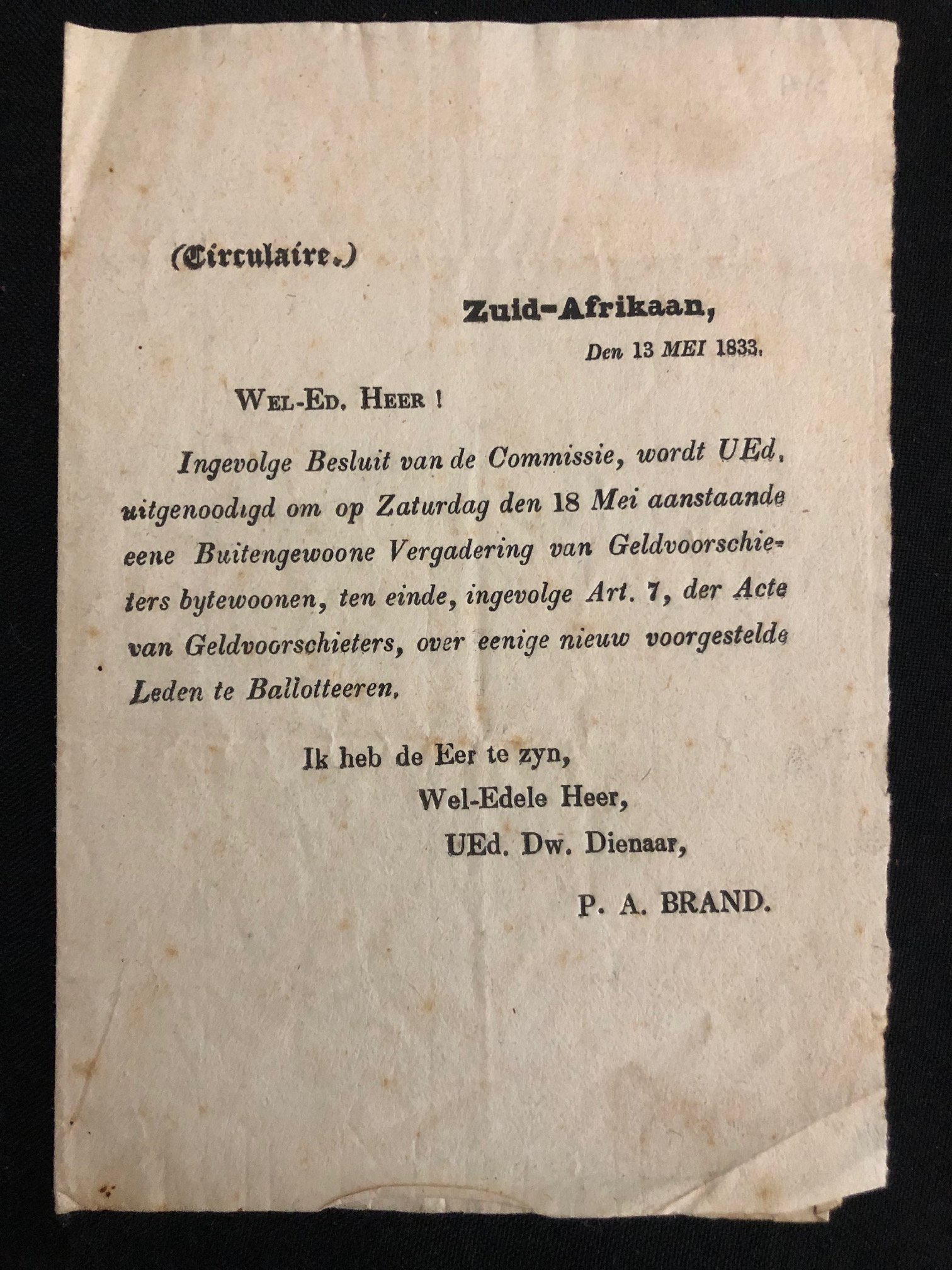(Circulaire.) / Zuid-Afrikaan, / Den 13 MEI 1833