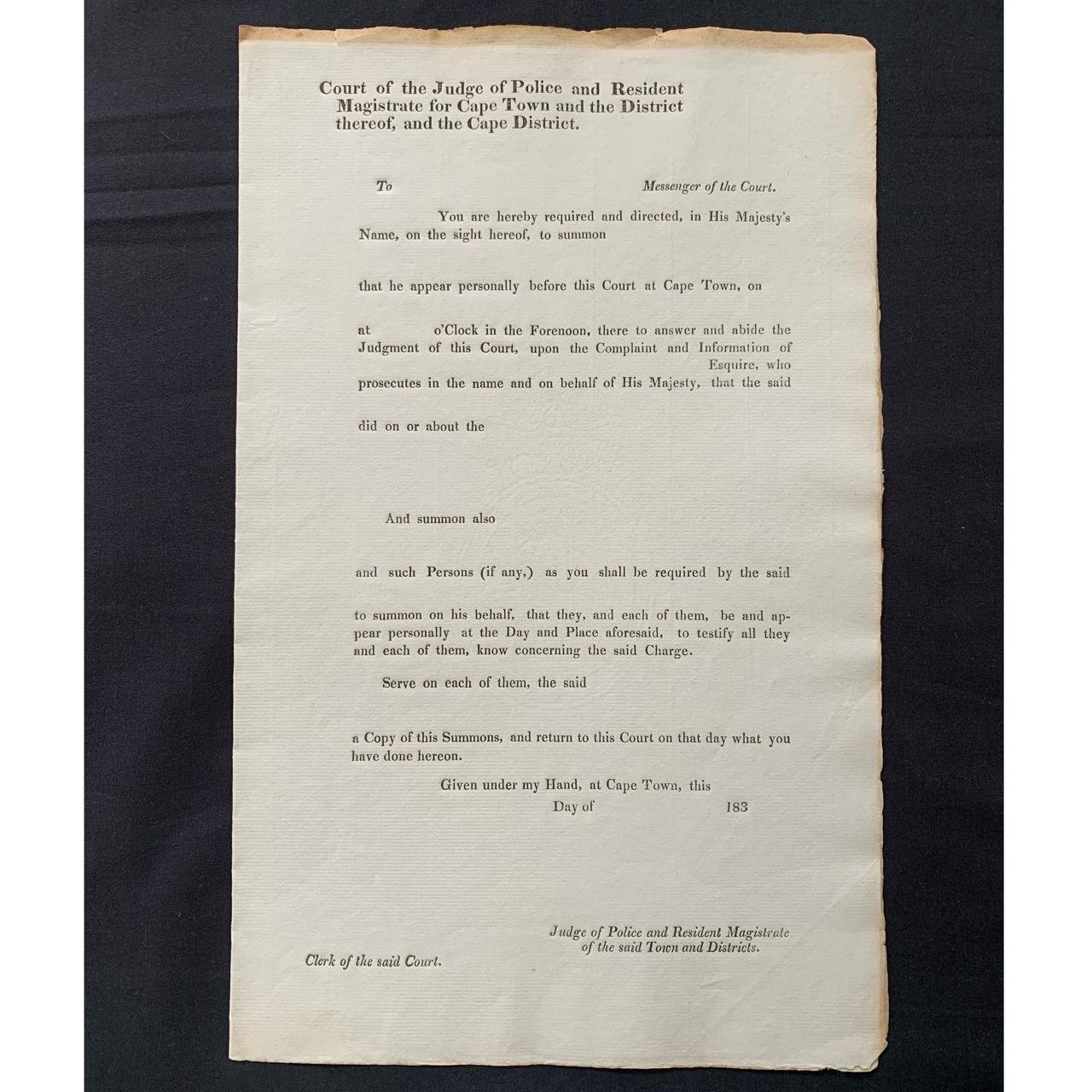 Document: Blank Cape Colony Summons c.1830's R2,000