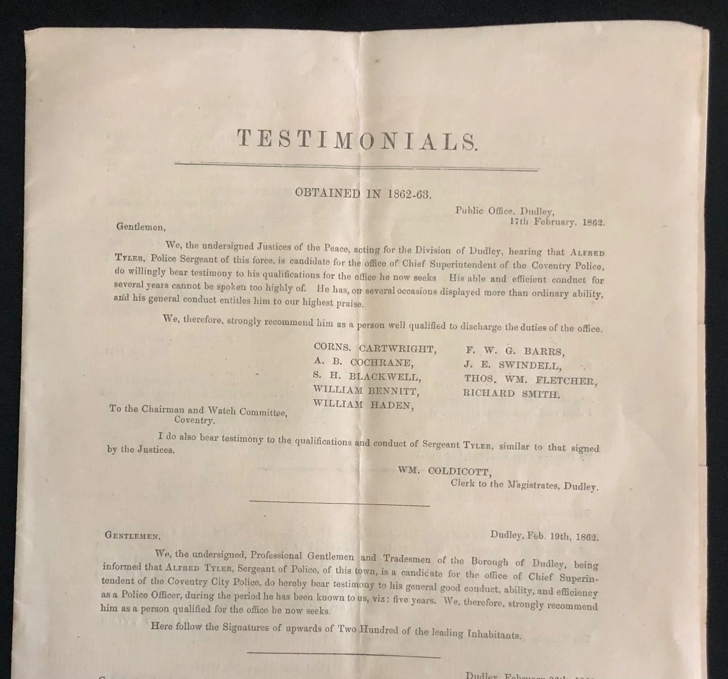 Testimonials for Sgt. Tyler (who was murdered in 1862)