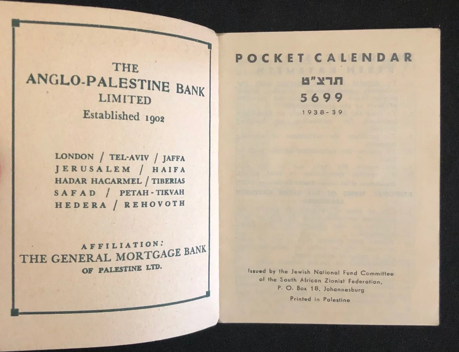 South African Zionist Federation - Johannesburg. Palestine Pocket Calendar from 1938–1939