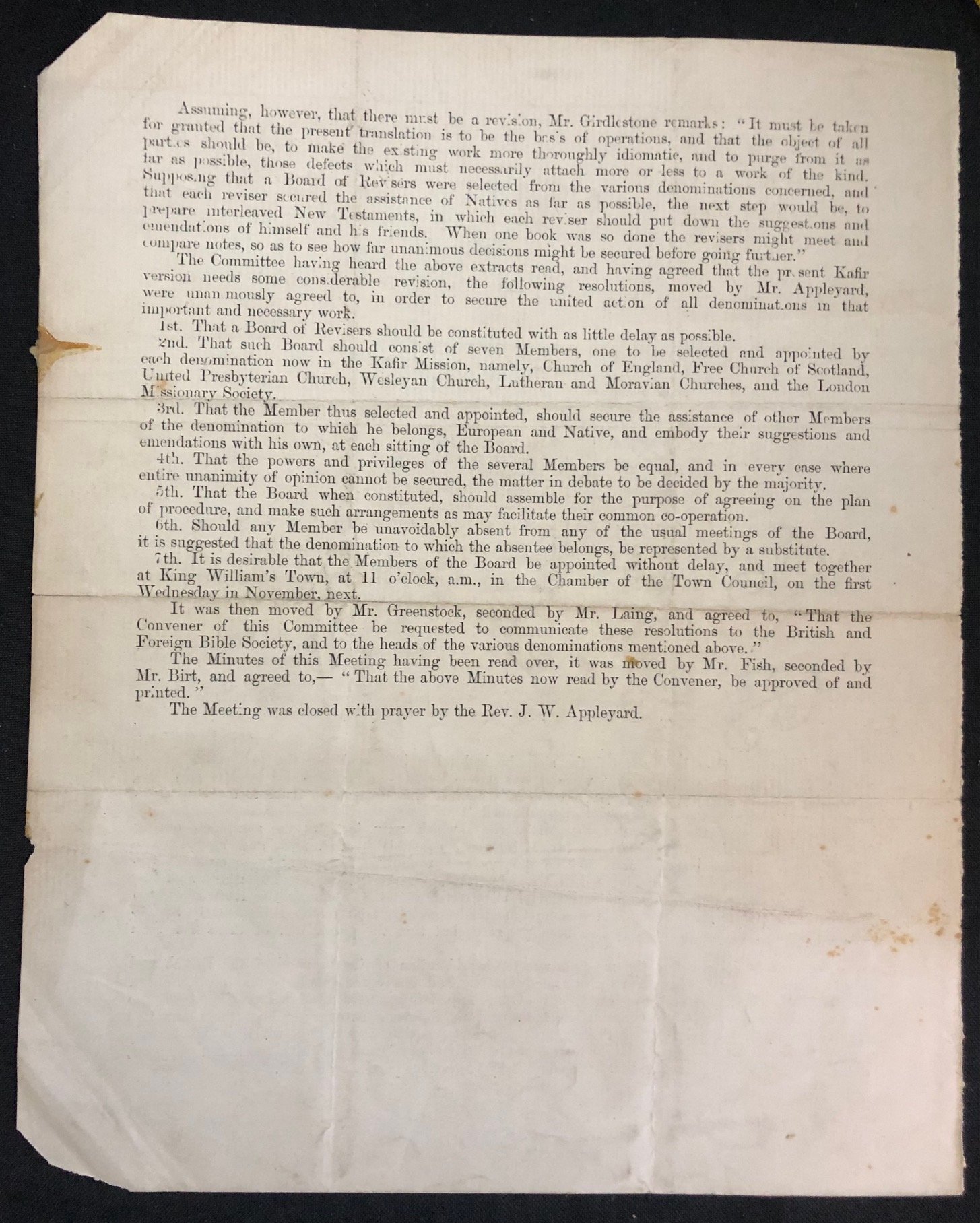 Xhosa Language: printed minutes dated September 30th, 1868.