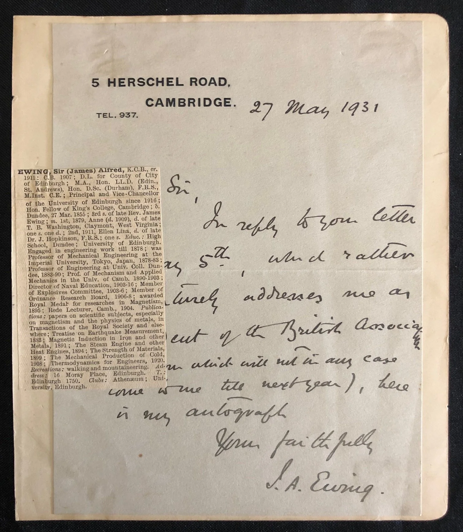 Manuscript Letter: ‘The Cipher King’, Sir James Alfred Ewing (1931)
