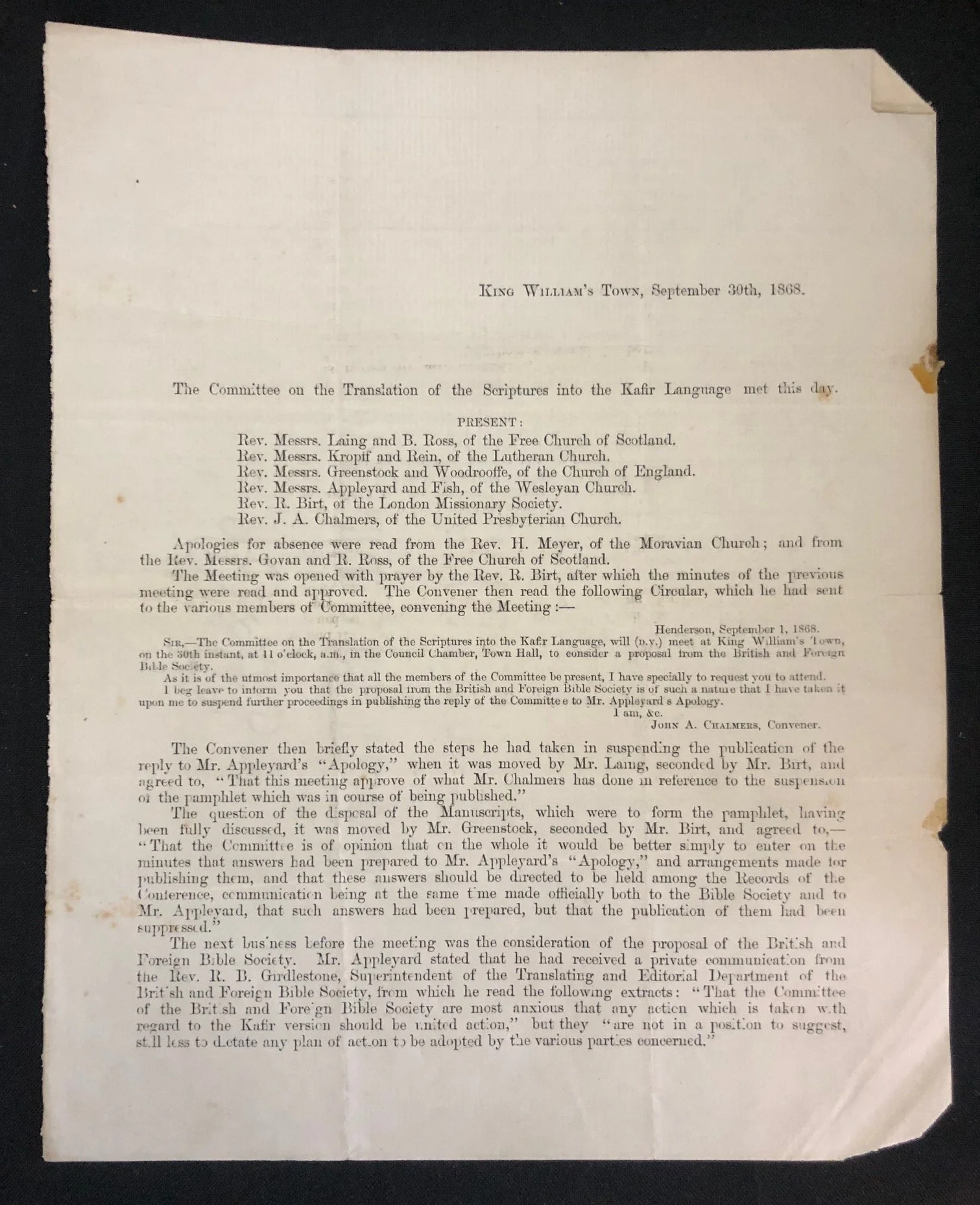 Xhosa Language: printed minutes (1868) R3,500