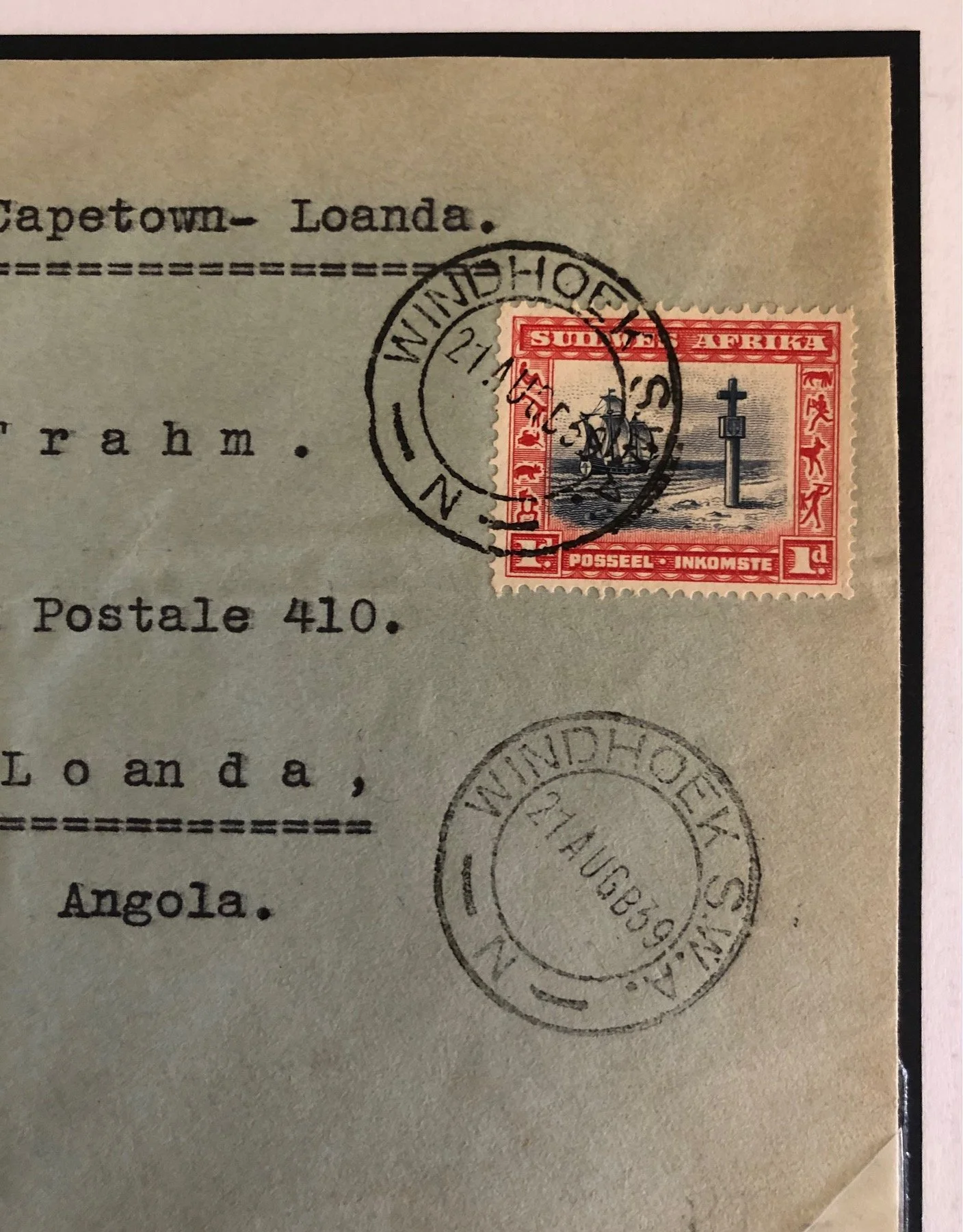 Cape Town- Luana. First Day Airmail Cover with Native counter canceller (1939)