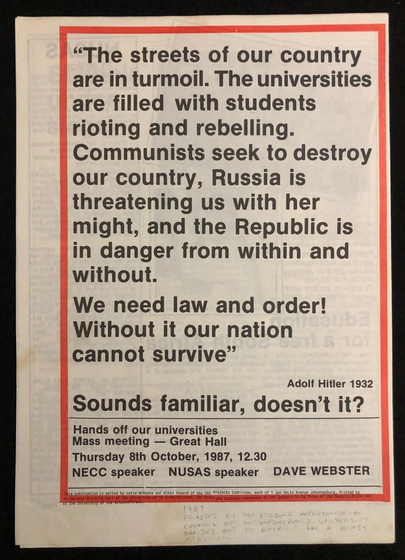 Anti-apartheid student ephemera issued by the National Union of South African Students c.1987
