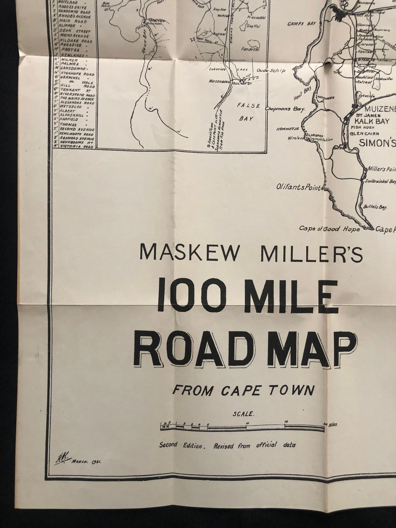 Maskew Miller’s 100 Mile Road Map from Cape Town, dated March 1921