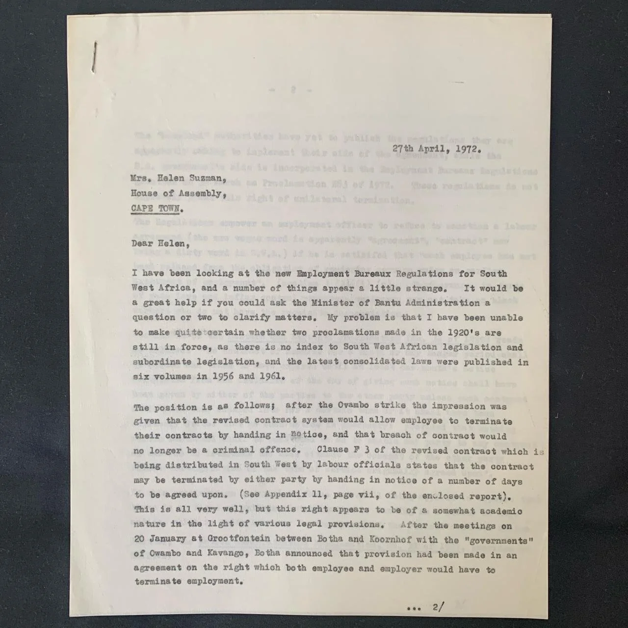Correspondence between John Kane Berman and Helen Suzman R2,000