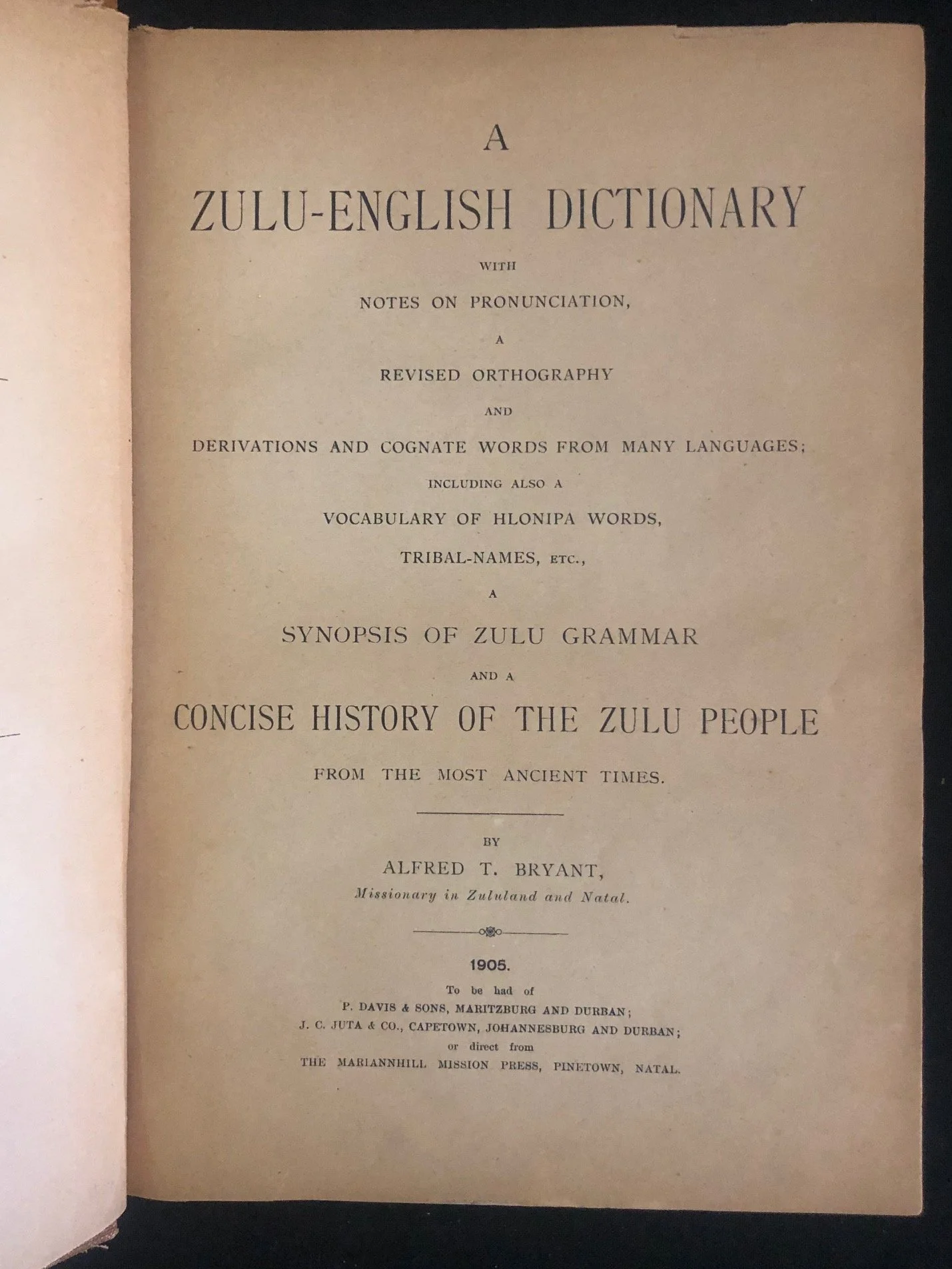 First edition of Father Alfred T. Bryant’s Zulu-English Dictionary (1905)