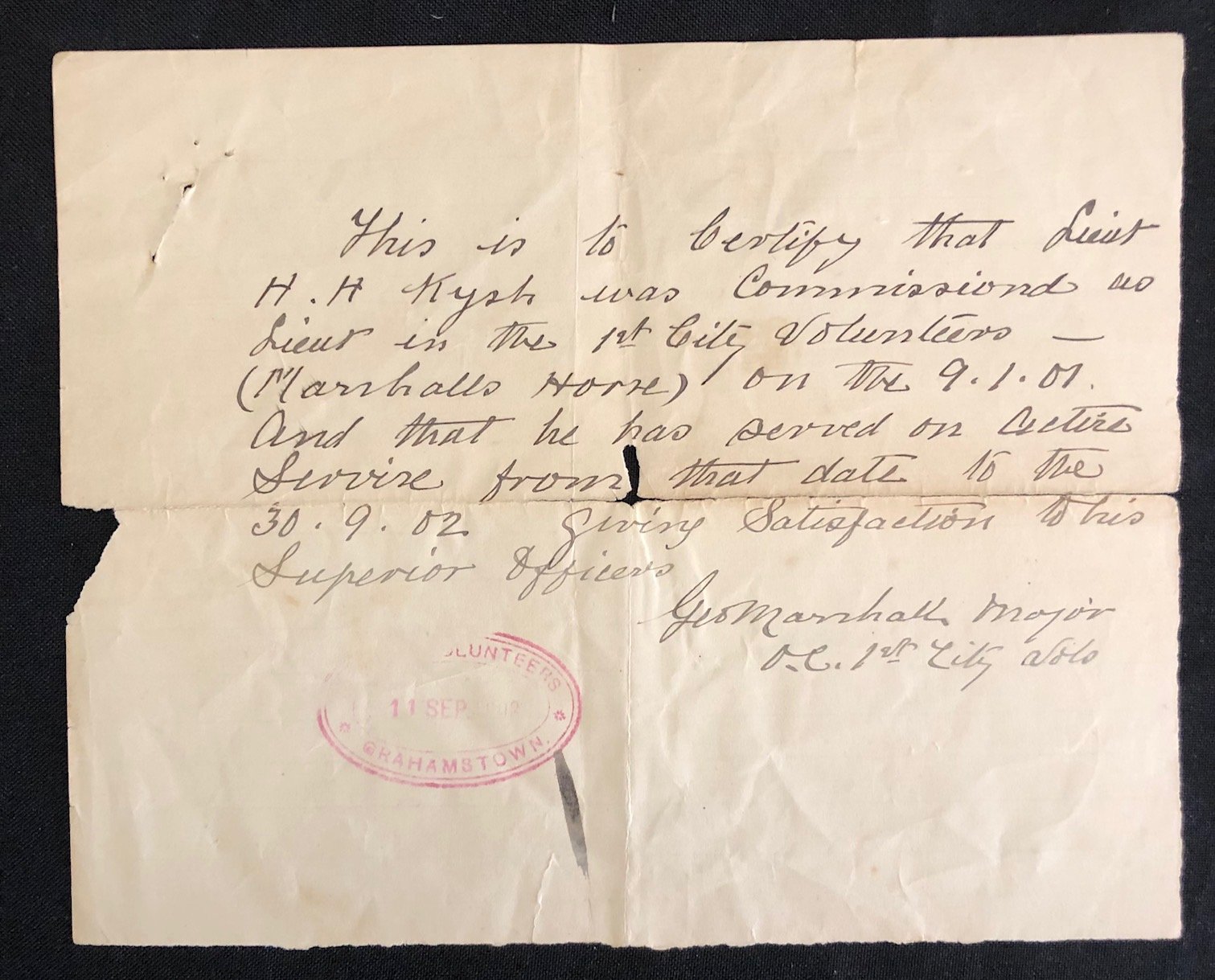 Discharge certificate for 1st City Volunteers (Marshall’s Horse)