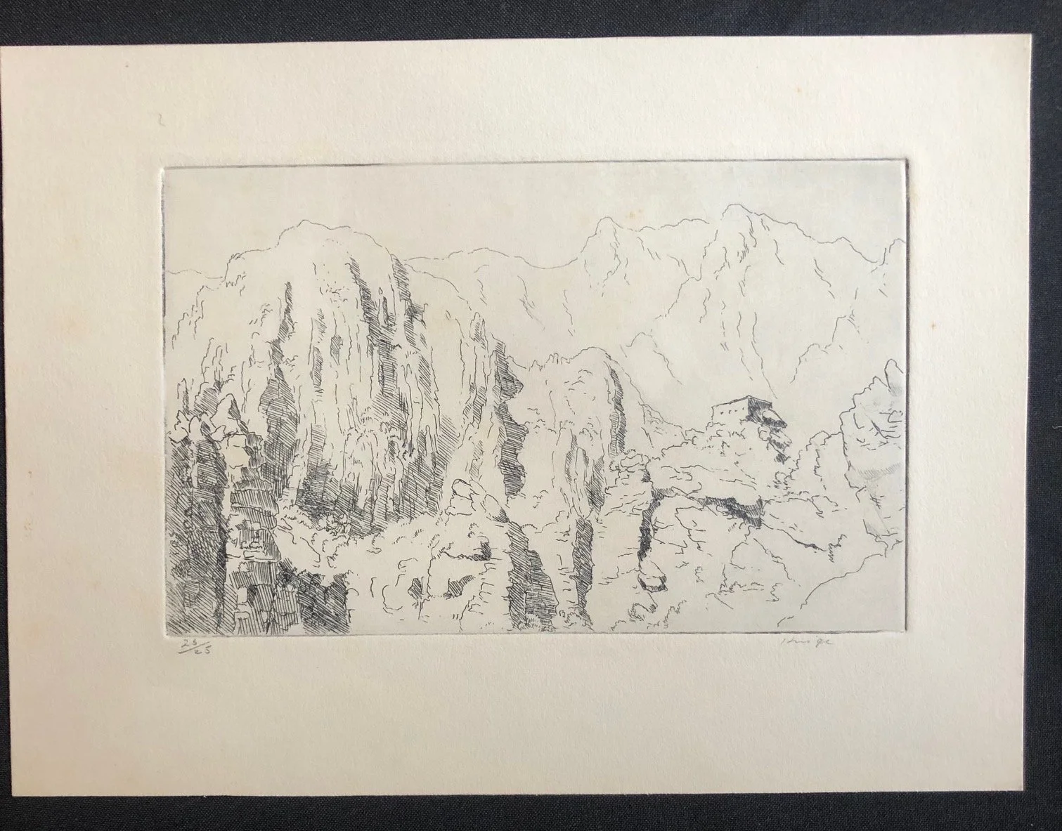 Etching "Cogmanskloof and Fort" (Block House near Montagu) by Francois Krige c.1970