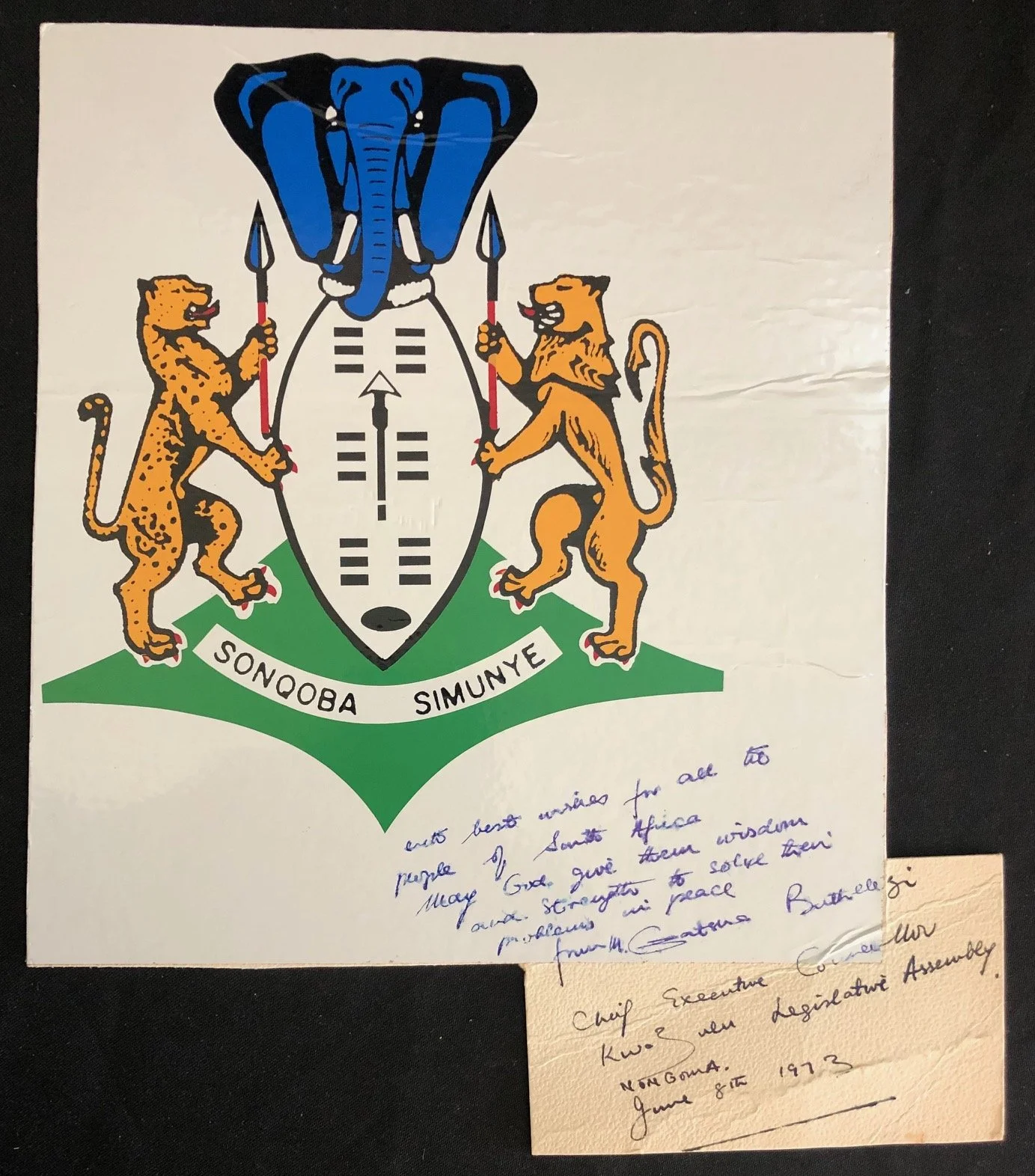 KwaZulu Homeland Coat of Arms, signed by a young Mangosuthu Buthelezi. 1973
