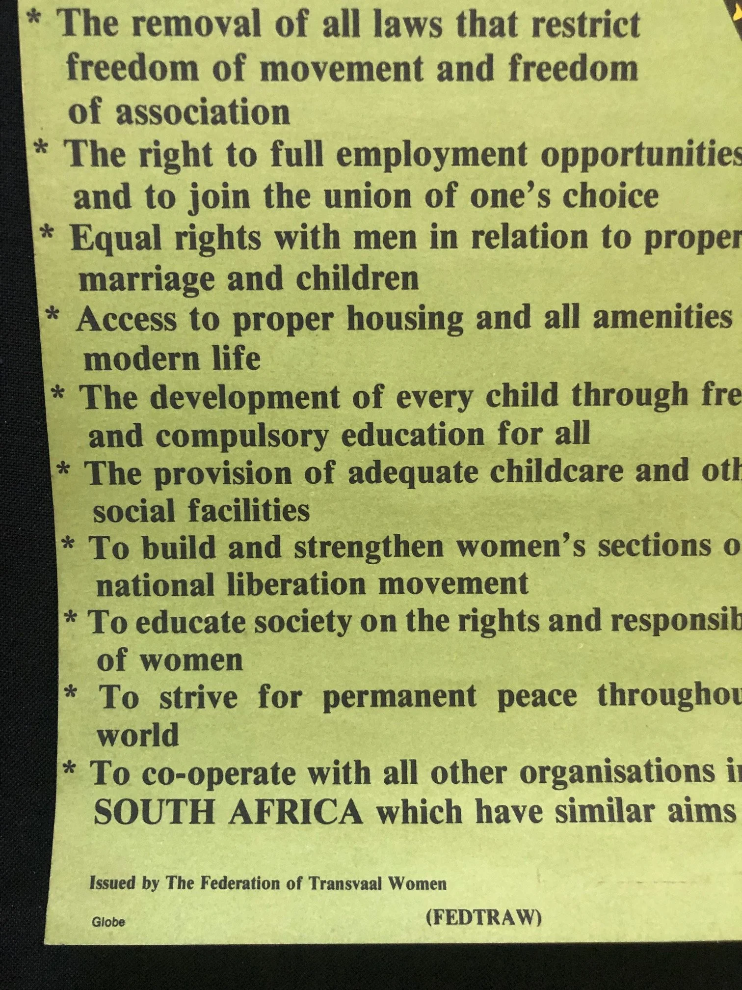 1987 calendar and political manifesto issued by FEDTRAW (The Federation of Transvaal Women), a key anti-apartheid organization in South Africa.