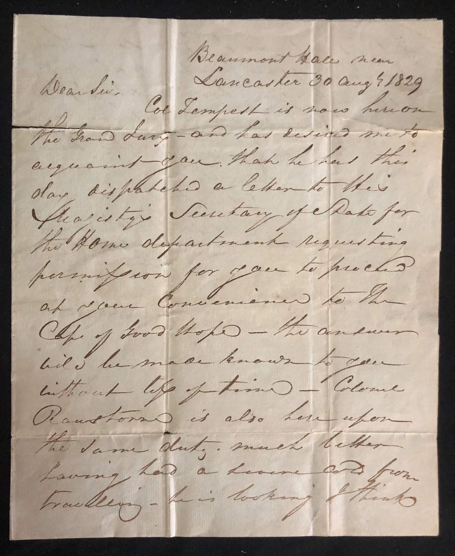 Manuscript letter linking landed gentry of Lancashire to the colonial administration of the Cape of Good Hope (1829)