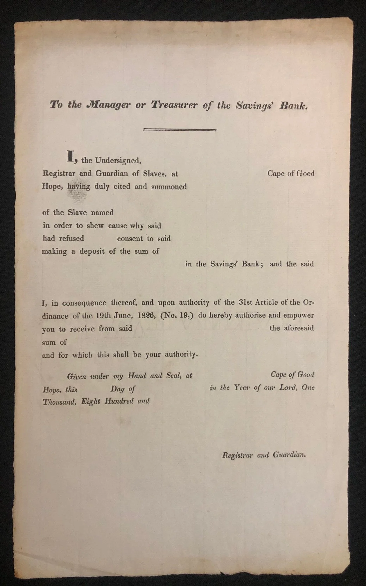 Cape Colony Registrar and Guardian of Slaves 1826
