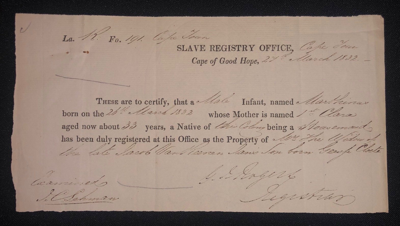 Birth Registration Certificate for an Enslaved Infant 1832