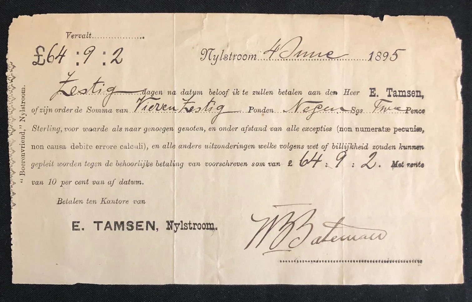 Promissory Note made out to Emil Tamsen, the "Father of Transvaal Philately" (1895)