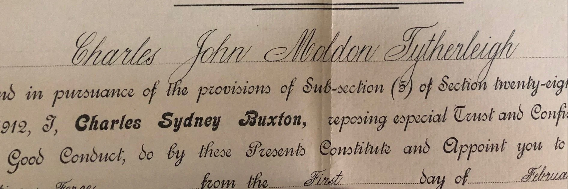 Official commission document appointing Tytherleigh as a Temporary Captain in the Active Citizen Force (1916)